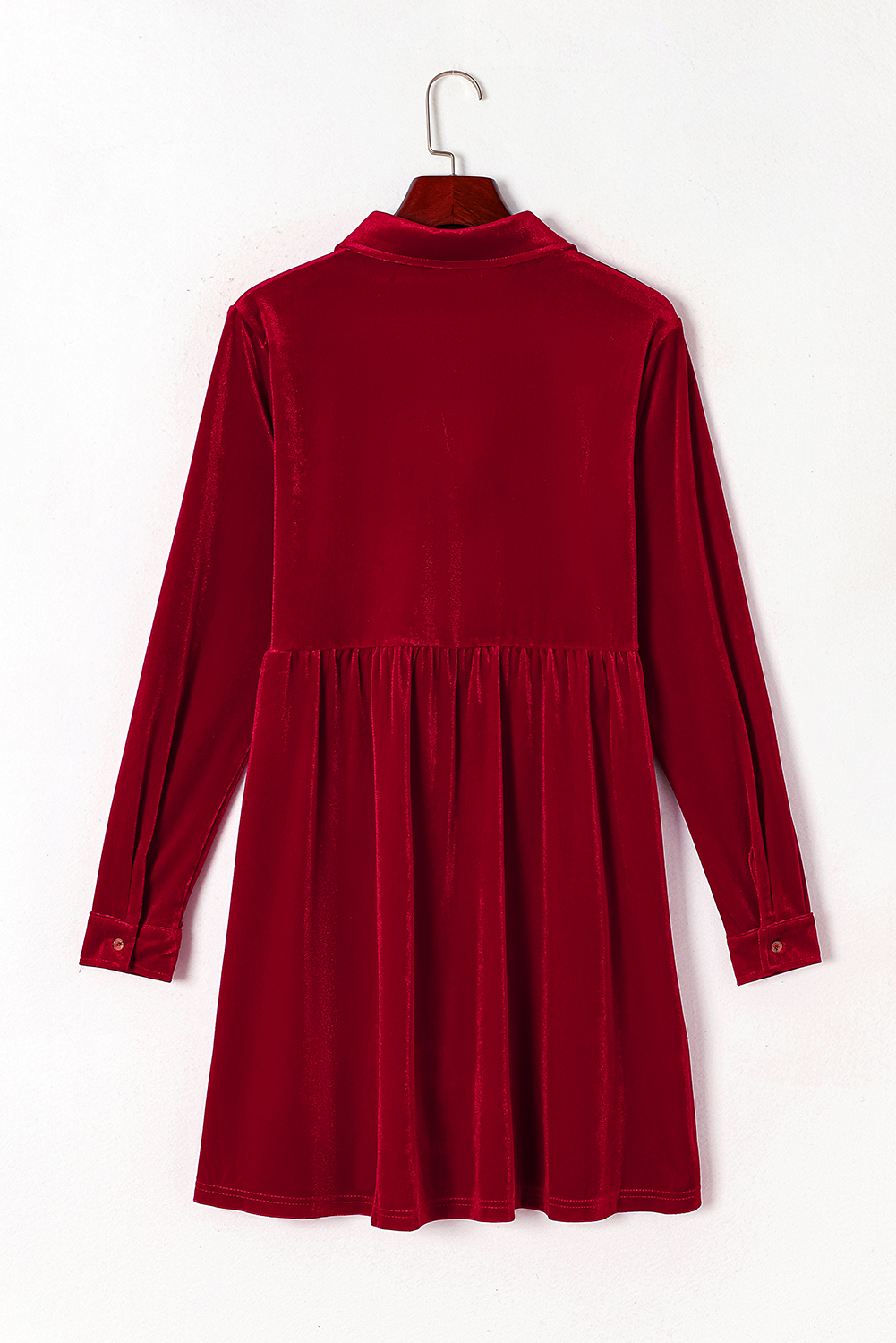 Fiery Red Long Sleeve Ruffle Velvet Button Up Dress - loveforevers