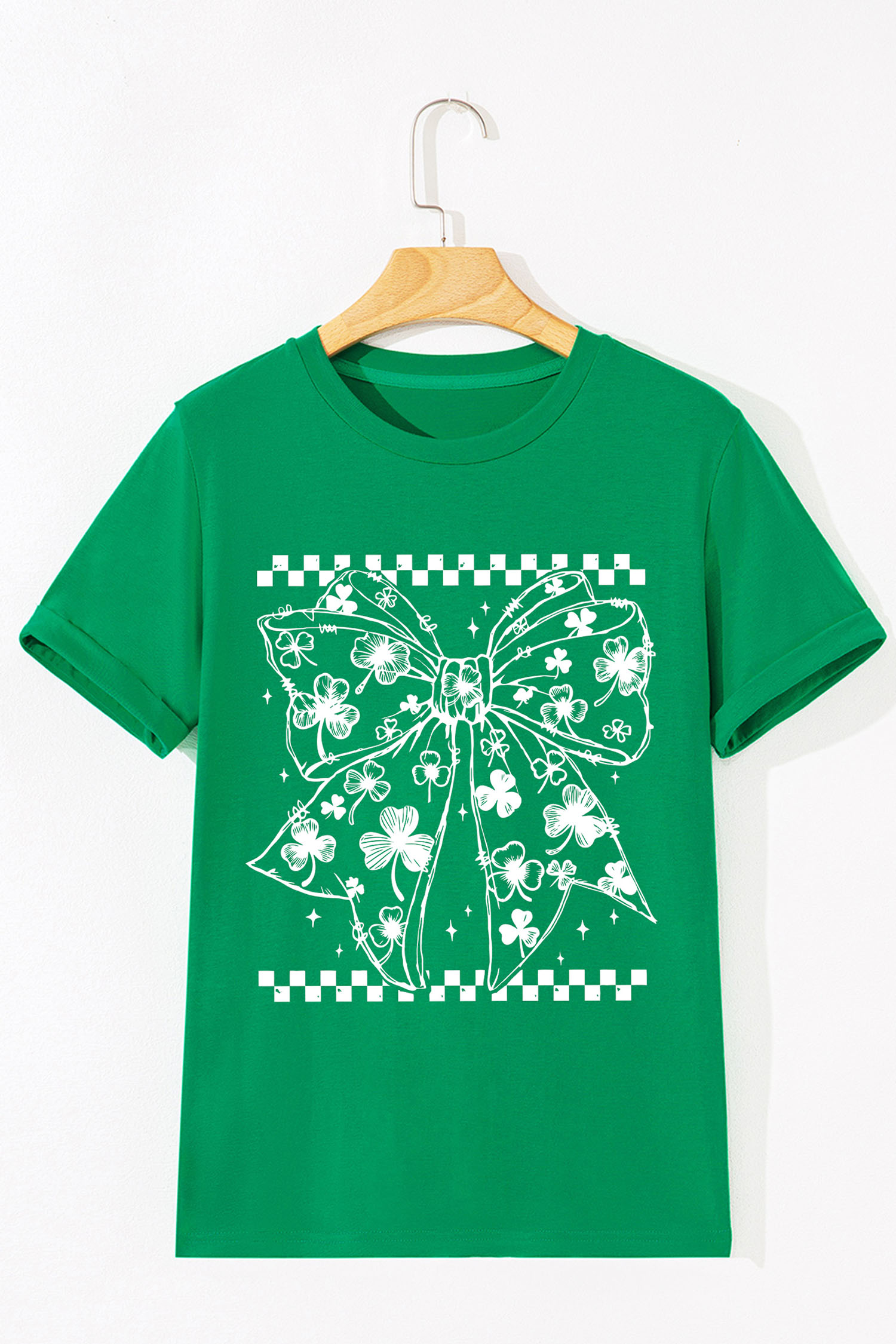 Bright Green Cute Clover Bow Checkered Detail Casual T Shirt - loveforevers