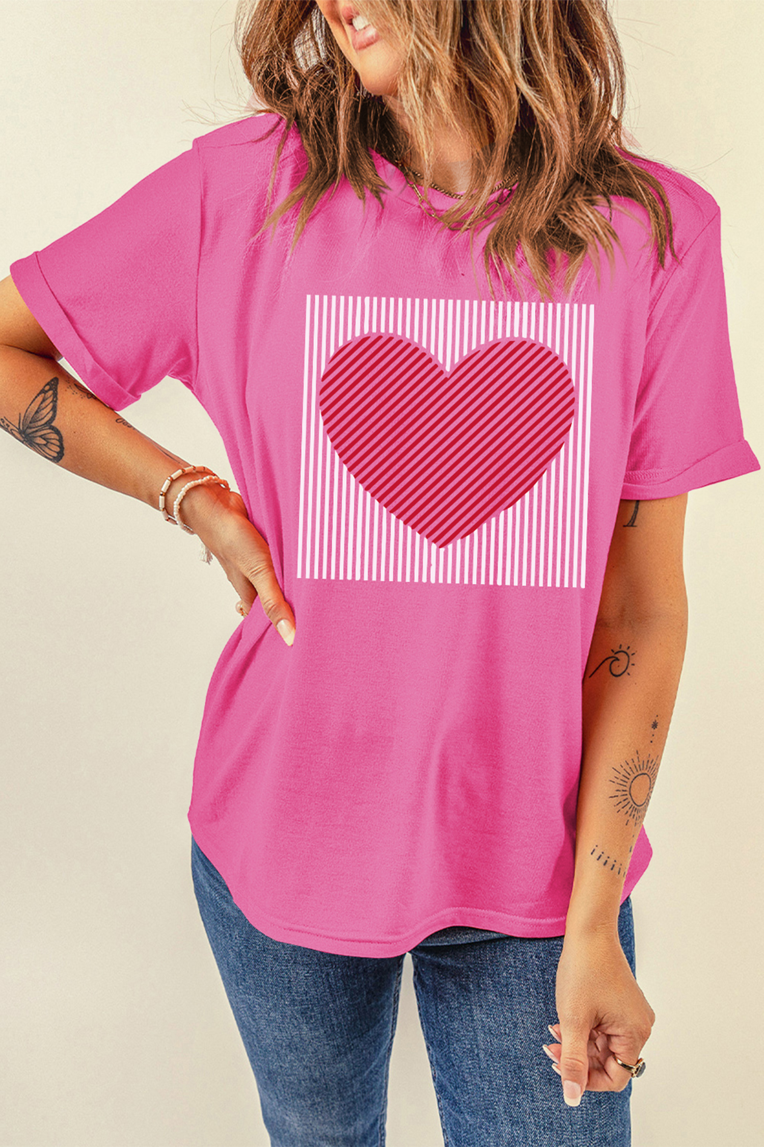 Sachet Pink Contrast Striped Heart Printed Valentines Day T Shirt - loveforevers