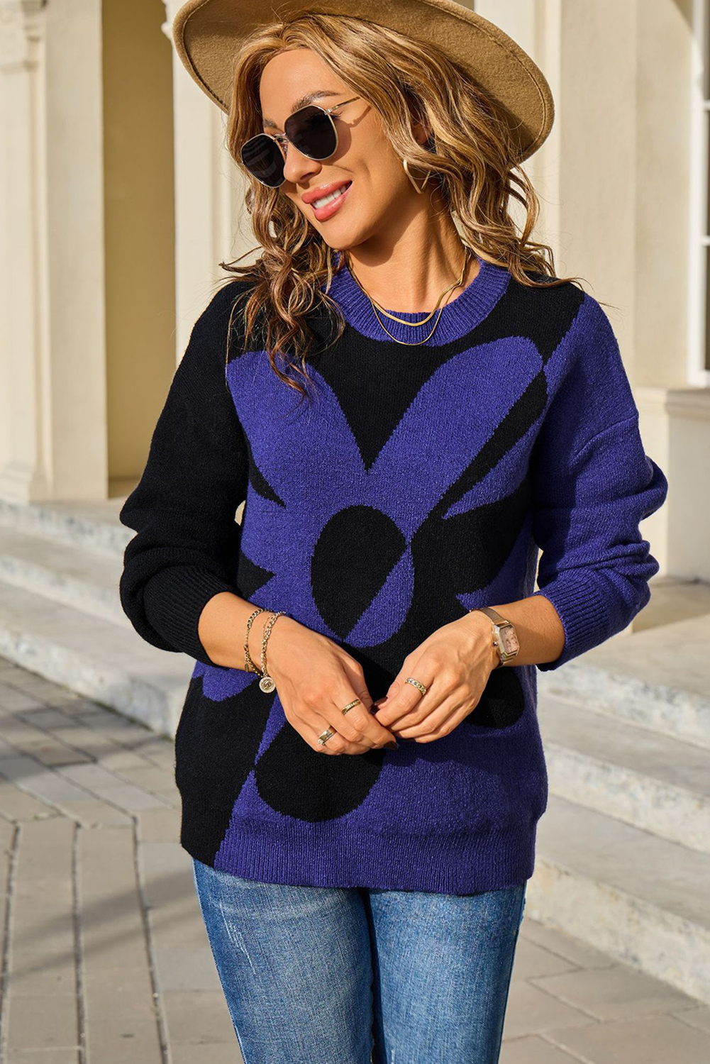 Black 2-tone Contrast Flower Pattern Drop Shoulder Bulk Sweater - loveforevers