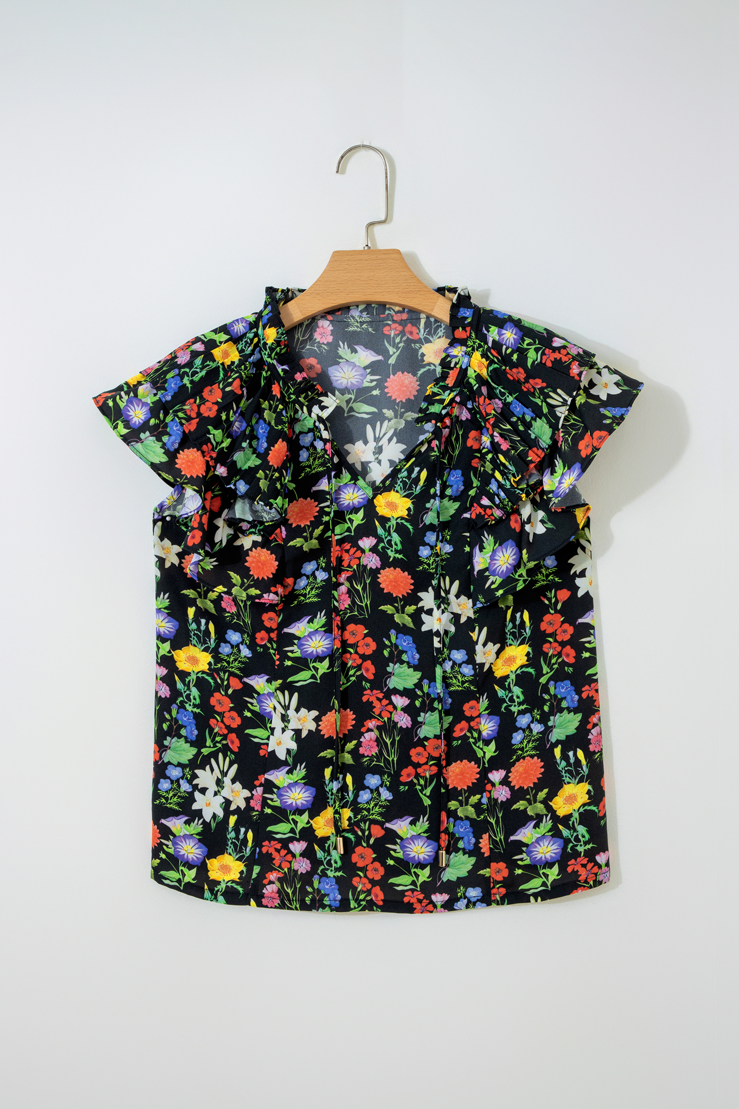 Black Tiered Flutter Sleeve V Neck Flower Blouse - loveforevers
