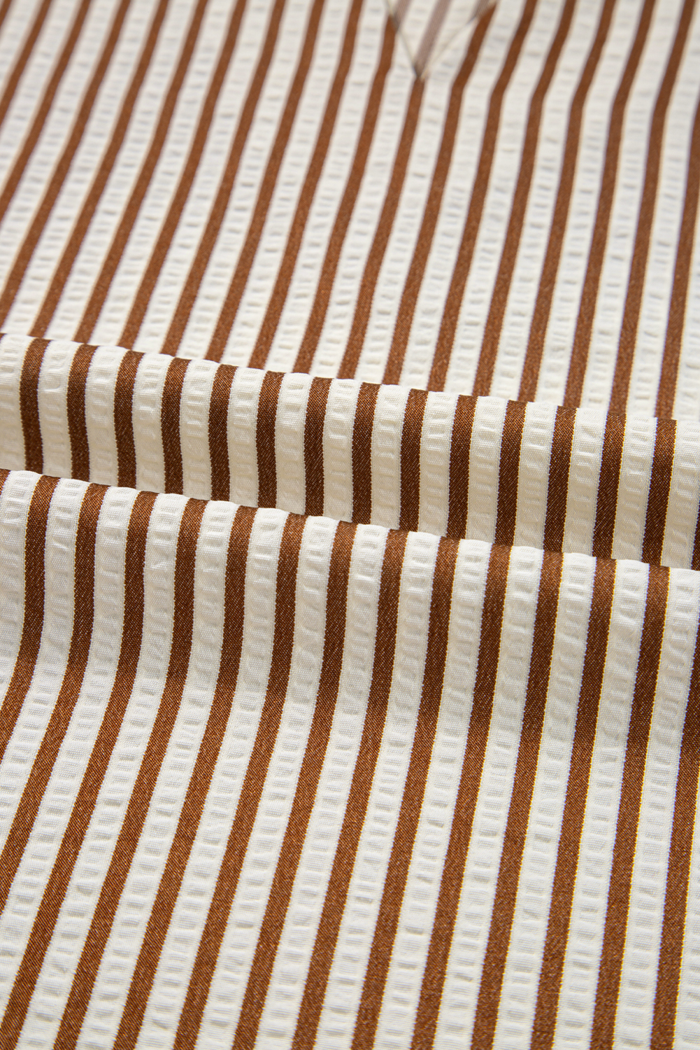 Straw Yellow Striped Print Tied Cuffs Split Neck Seersucker Blouse - loveforevers