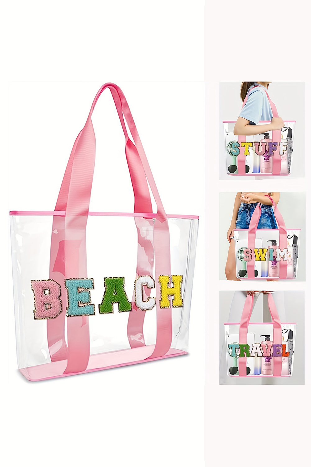 Pink BEACH Chenille Patched Large Clear PVC Shoulder Bag - loveforevers