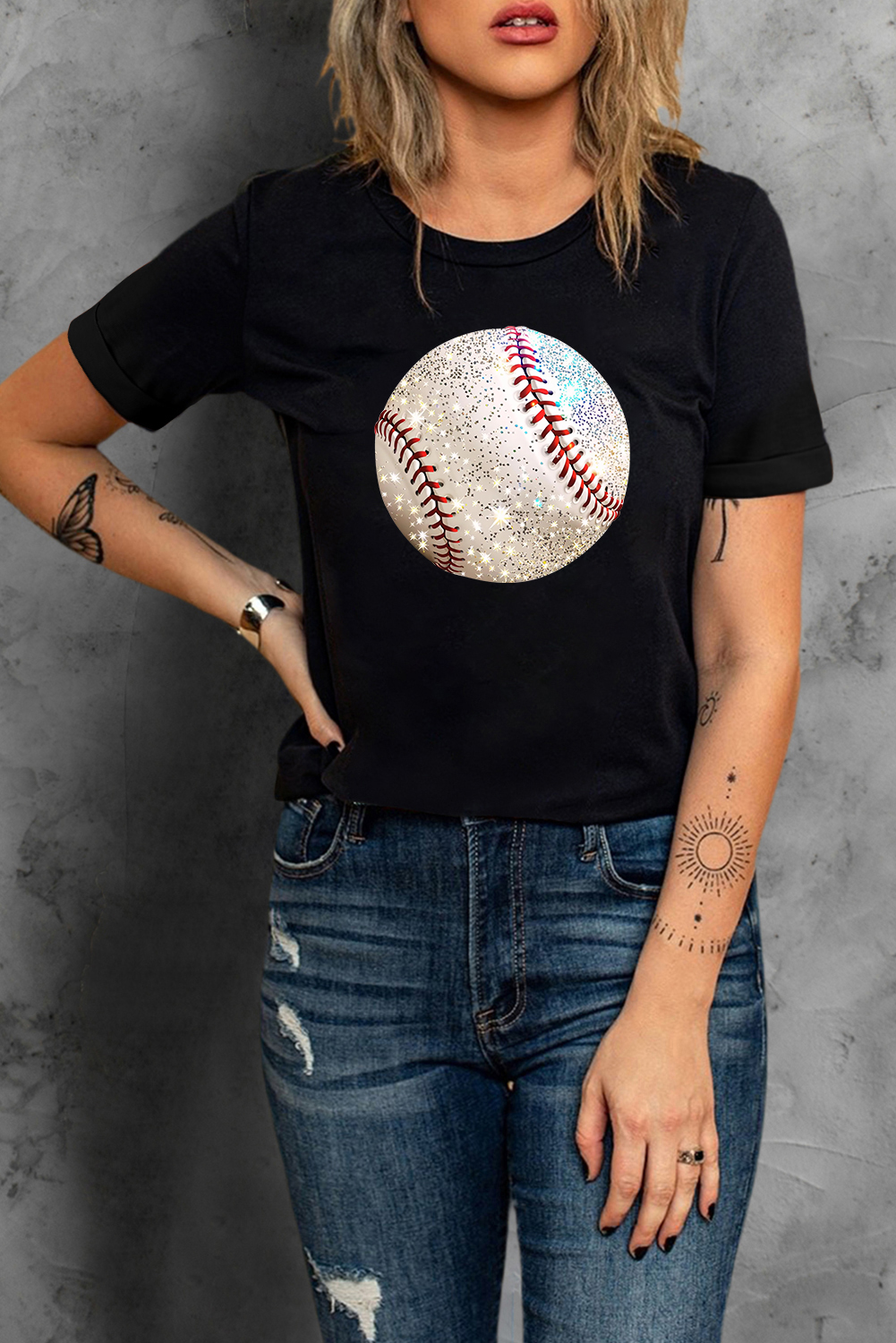 Black Heat Transfer Baseball Print Cotton Blend T Shirt - loveforevers