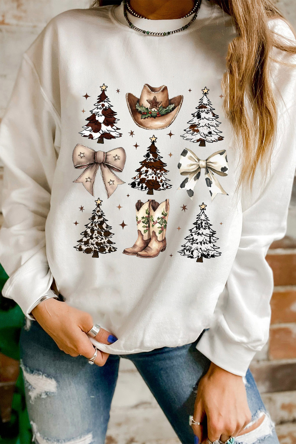 White Cowgirl Bow Christmas Tree Print Drop Shoulder Sweatshirt - loveforevers