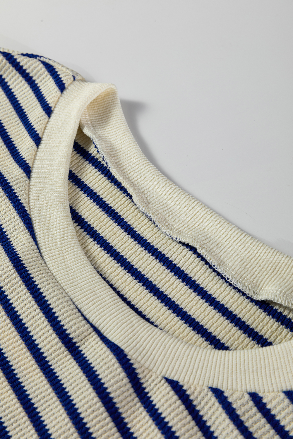 Blue Stripe Textured Elbow Patched Crew Neck Drop Shoulder Sweatshirt - loveforevers