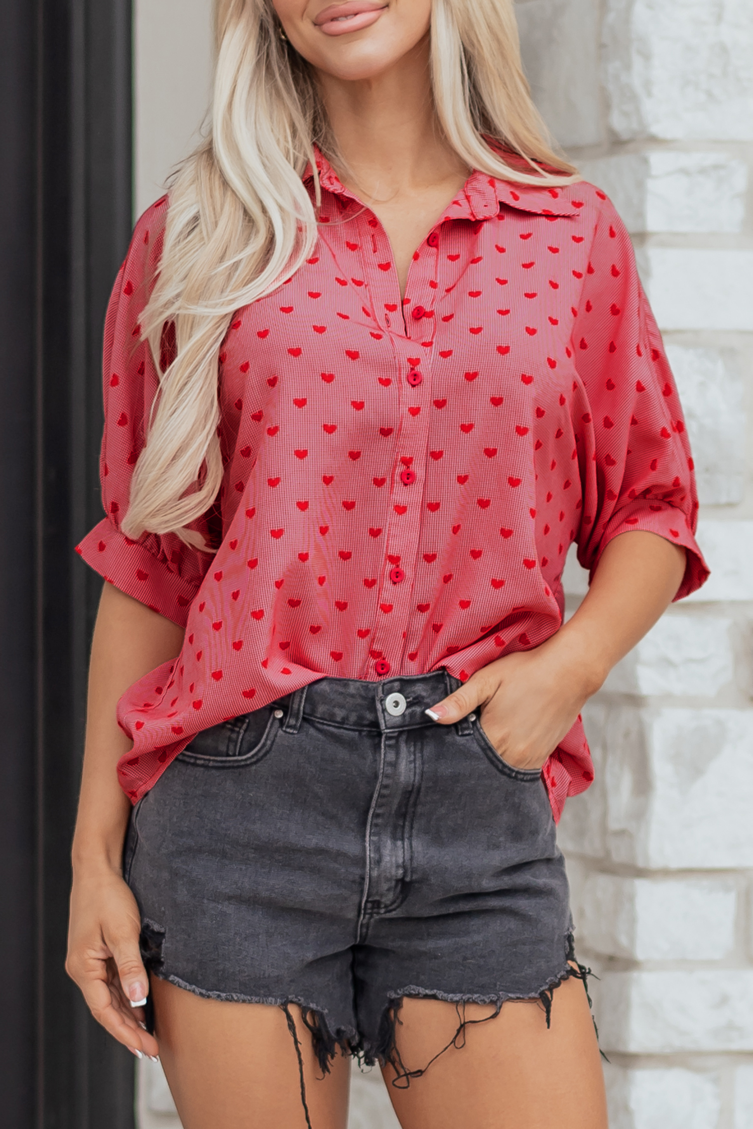 Red Heart Shape Print Half Sleeve Loose Valentine Shirt - loveforevers