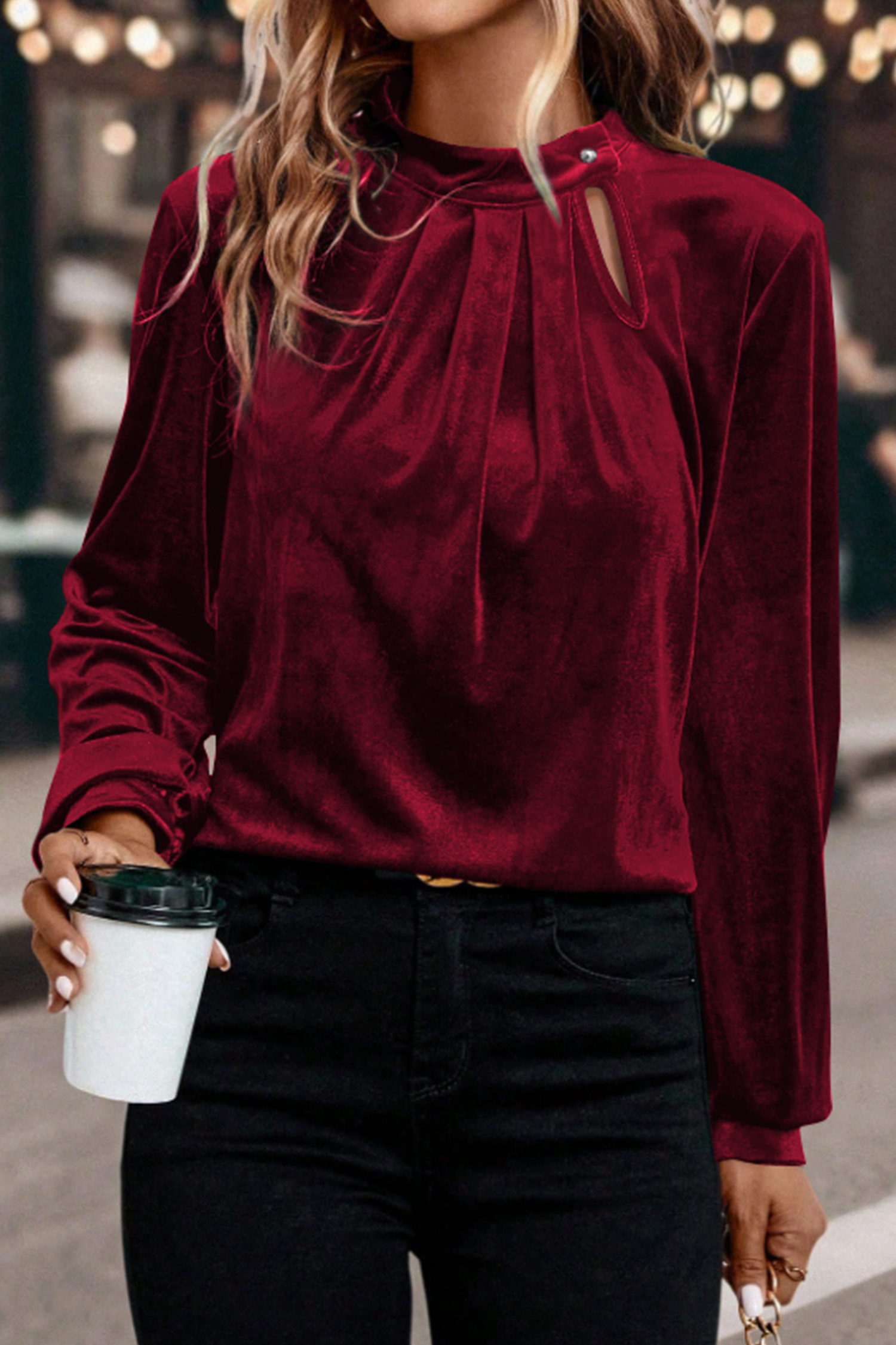 Red Dahlia Asymmetric Button Keyhole Neck Long Sleeve Velvet Blouse - loveforevers