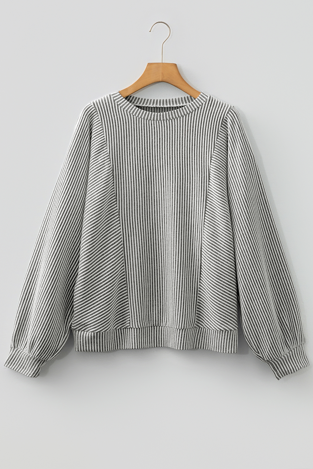 Gray Ribbed Knit Round Neck Long Lantern Sleeve Top - loveforevers