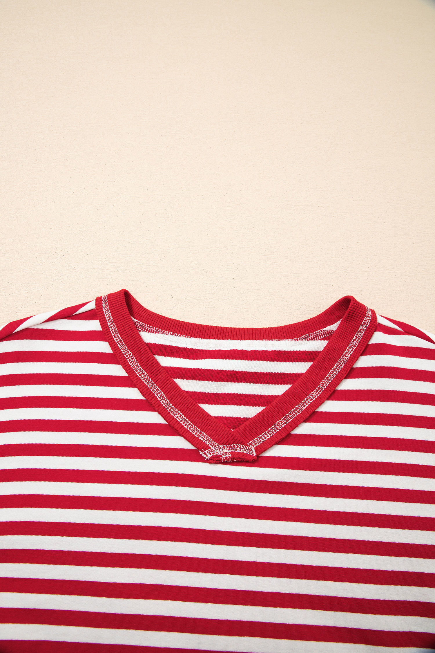 Red Stripe Exposed Seam V Neck Balloon Sleeve Pullover - loveforevers