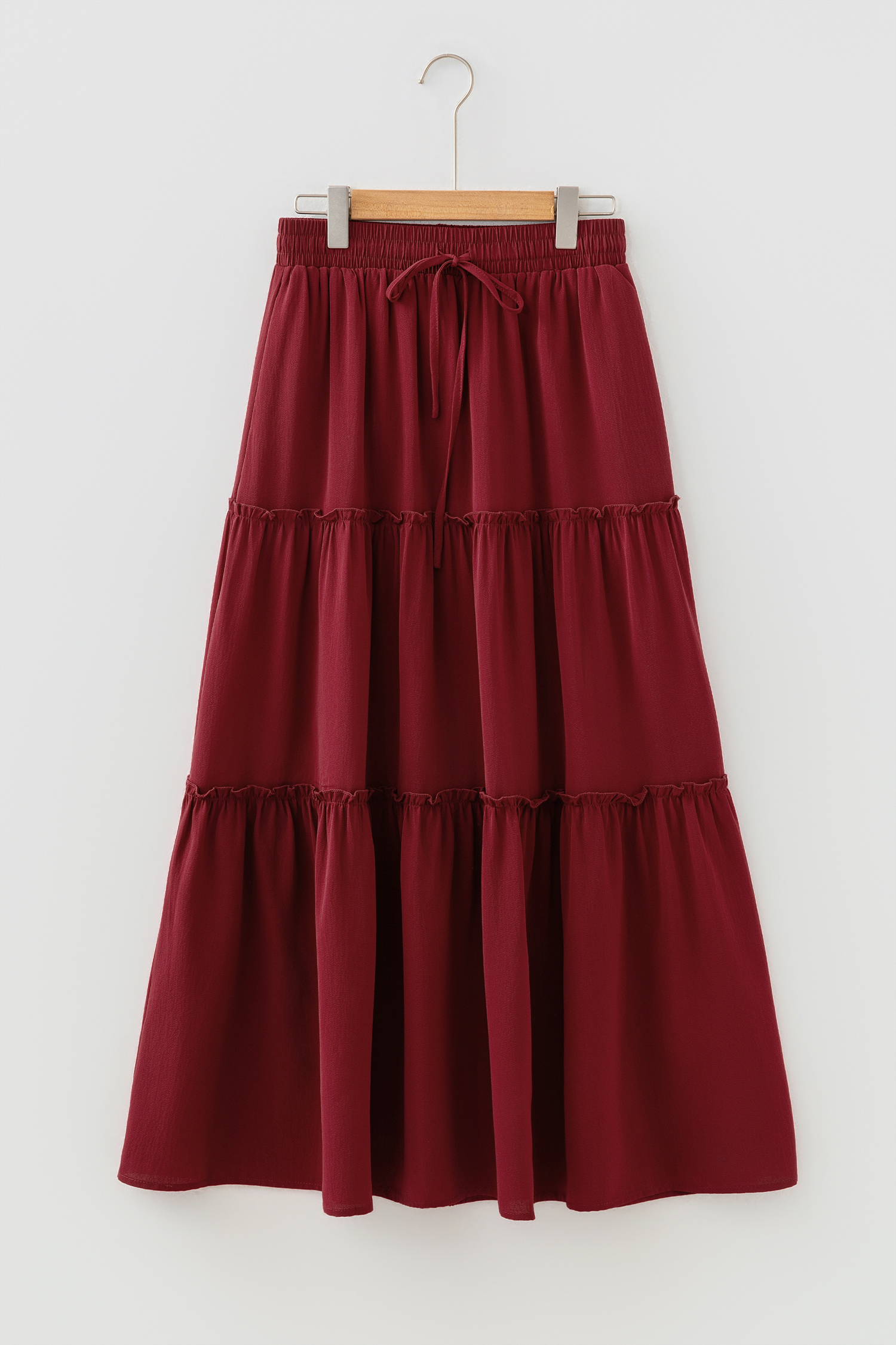 Fiery Red Black Frill Tiered Drawstring Waist Maxi Skirt - loveforevers