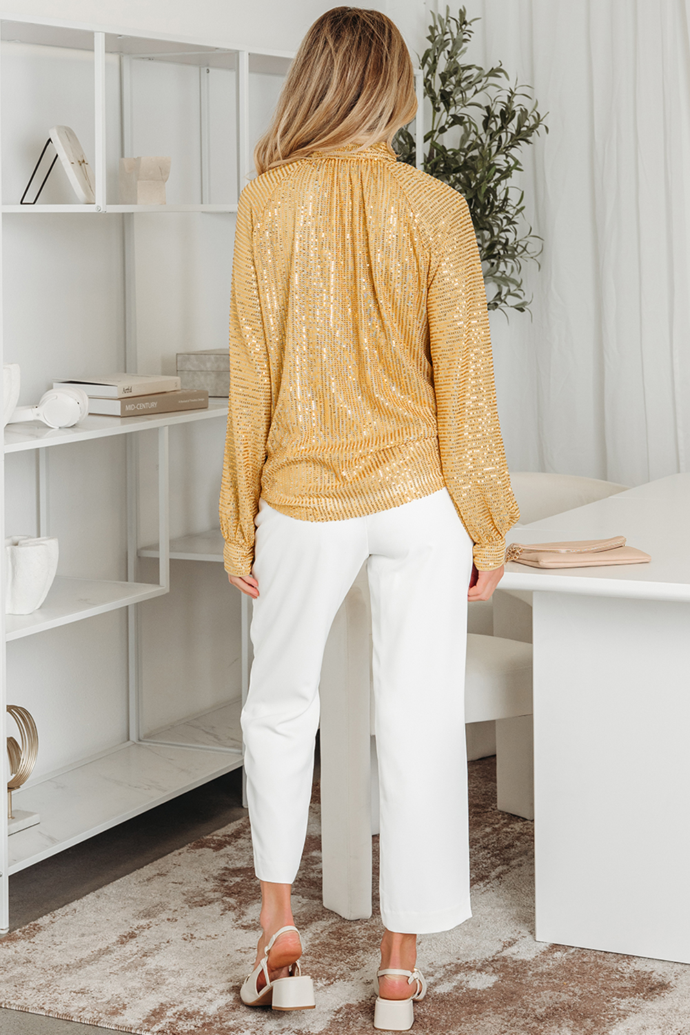 Gold Metallic Balloon Sleeve Buttoned High Neck Loose Blouse - loveforevers