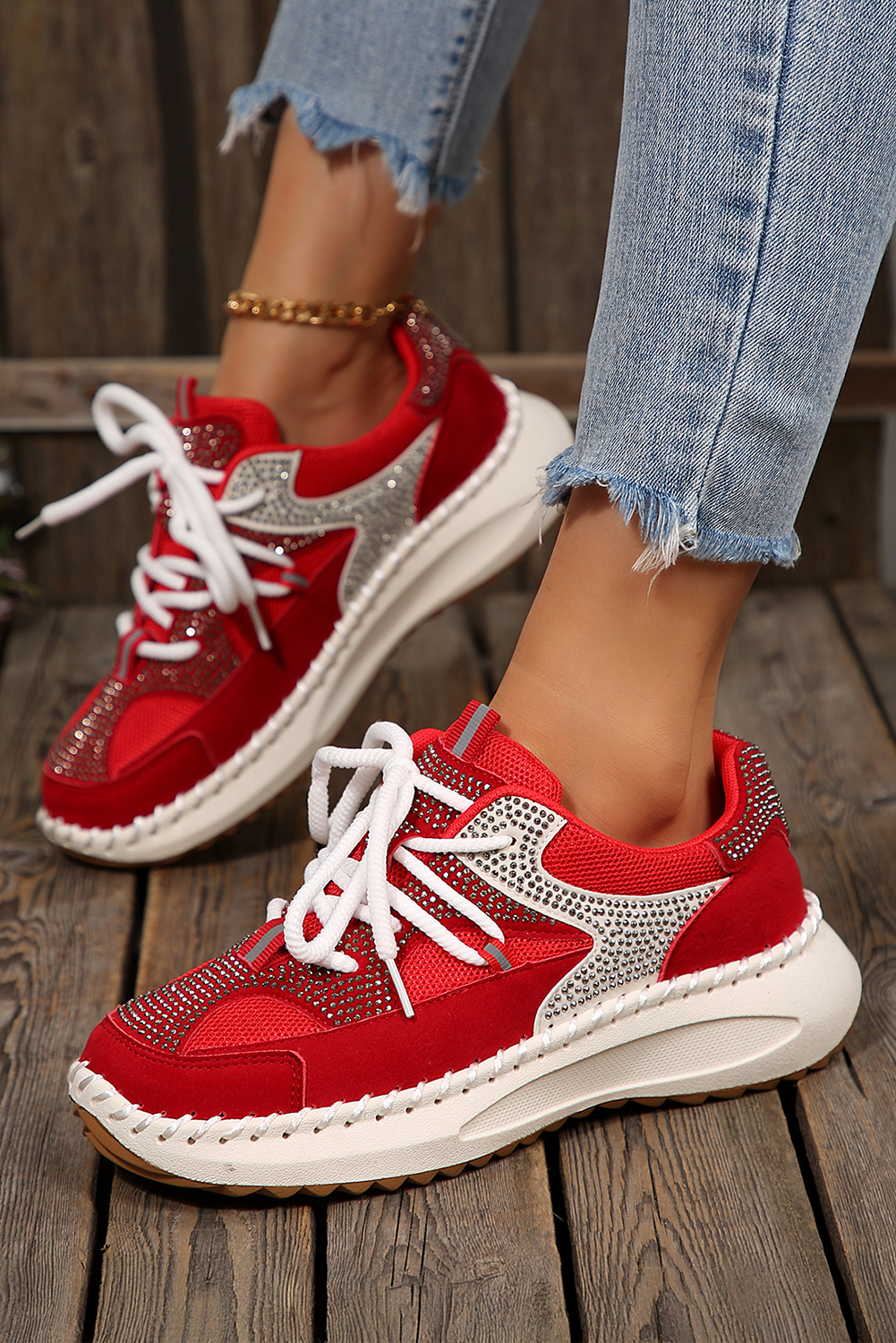 Fiery Red Rhinestone Embellished Color Block Patchwork Lace-up Breathable Sneakers - loveforevers