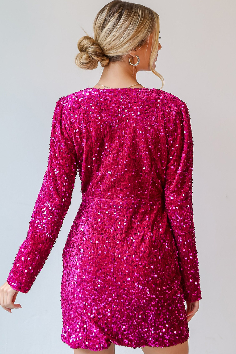 Pitaya Pink Velvet Sequin Long Sleeve V Neck Wrapped Mini Dress - loveforevers