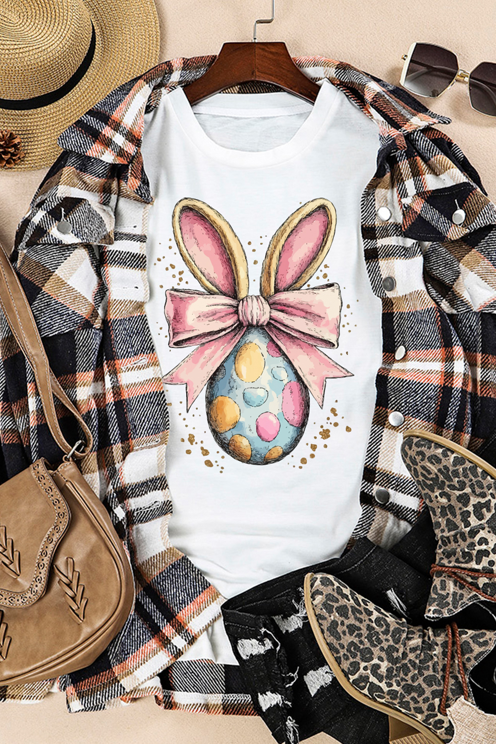 White Easter Egg Bow Bunny Ear Printed T Shirt - loveforevers