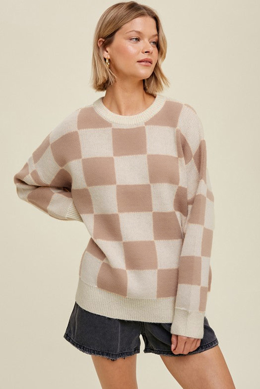Parchment Checkered Pattern Ribbed Trim Knit Baggy Sweater - loveforevers
