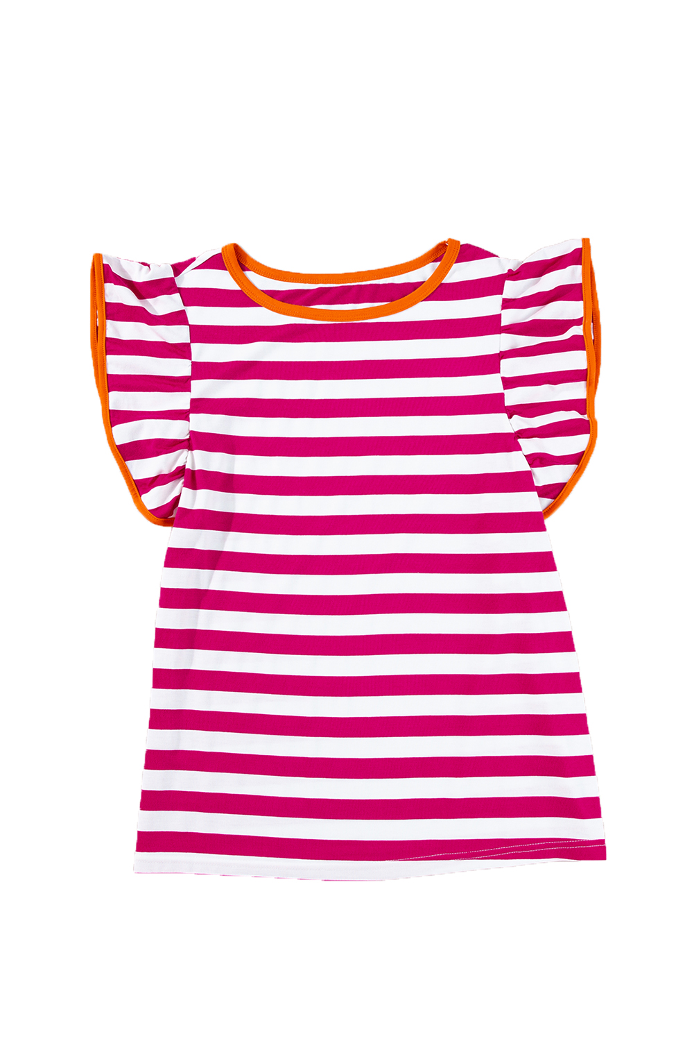 Rose Red Striped Ruffle Sleeve Crew Neck Blouse - loveforevers