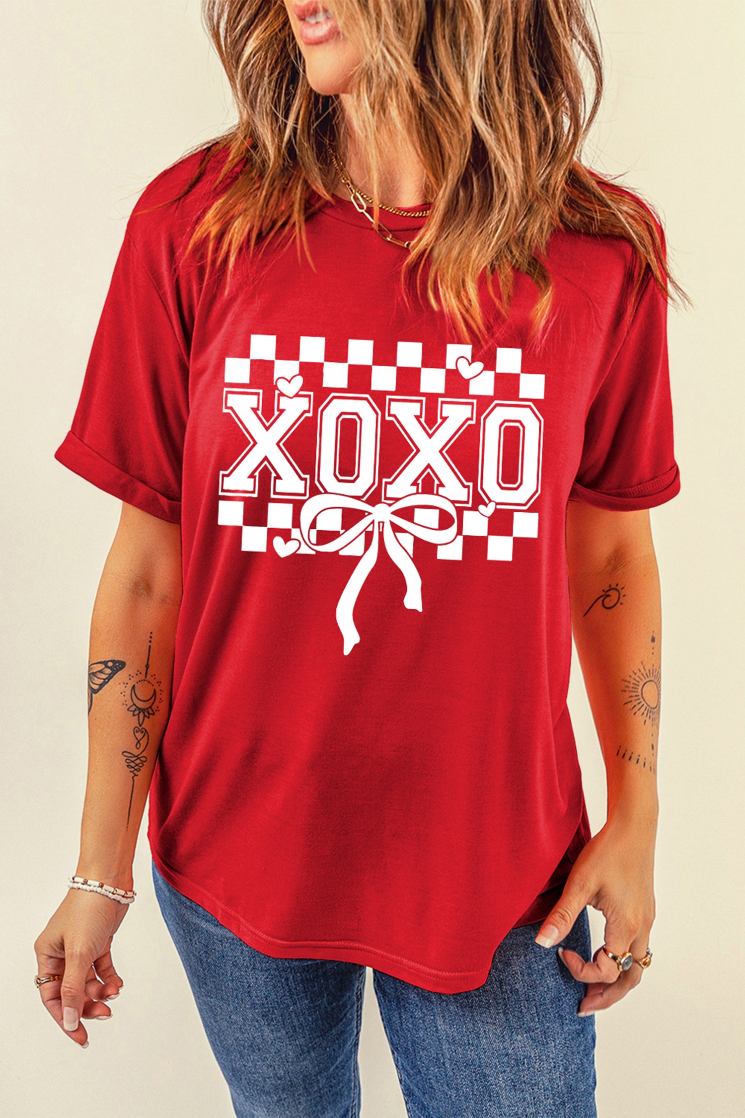 Red XOXO Checkered Ribbon Bow Print Valentines Day T Shirt - loveforevers