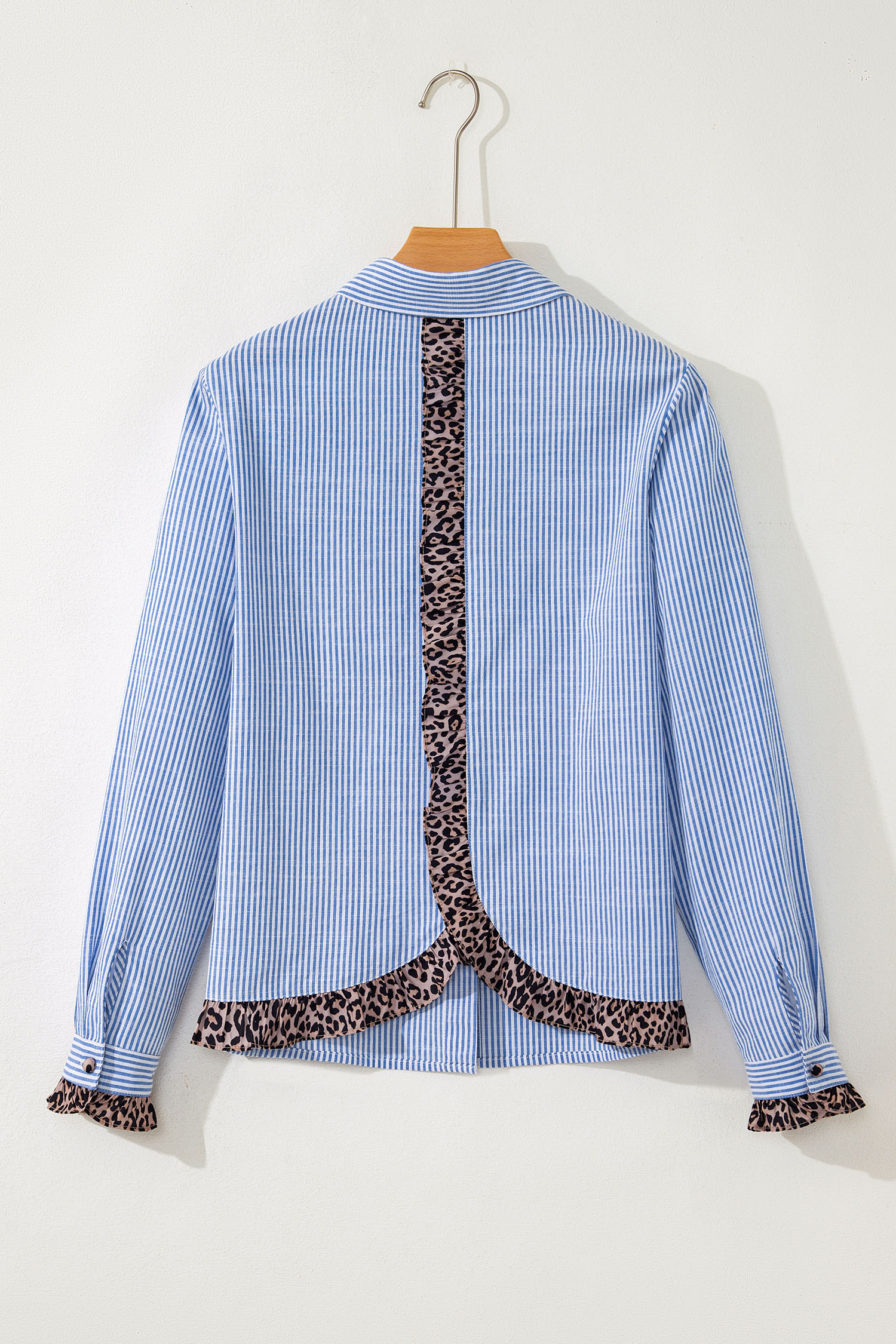 Sky Blue Stripe Contrast Frilled Leopard Trim Casual Long Sleeve Shirt - loveforevers