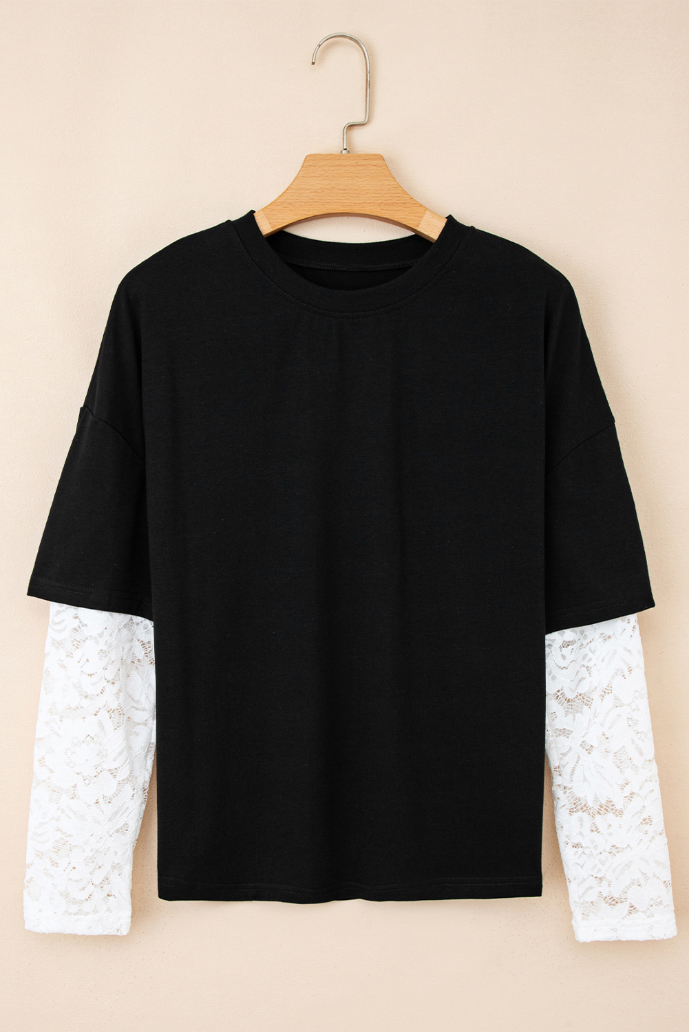 Black Lace Long Sleeve Insert Drop Shoulder Tee - loveforevers