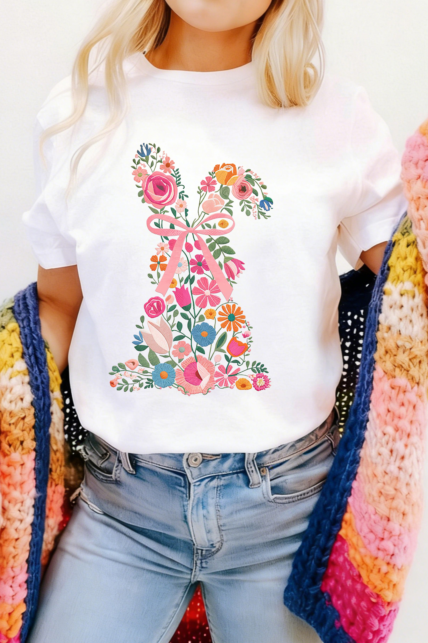 White Floral Easter Bunny Casual Graphic Tee - loveforevers