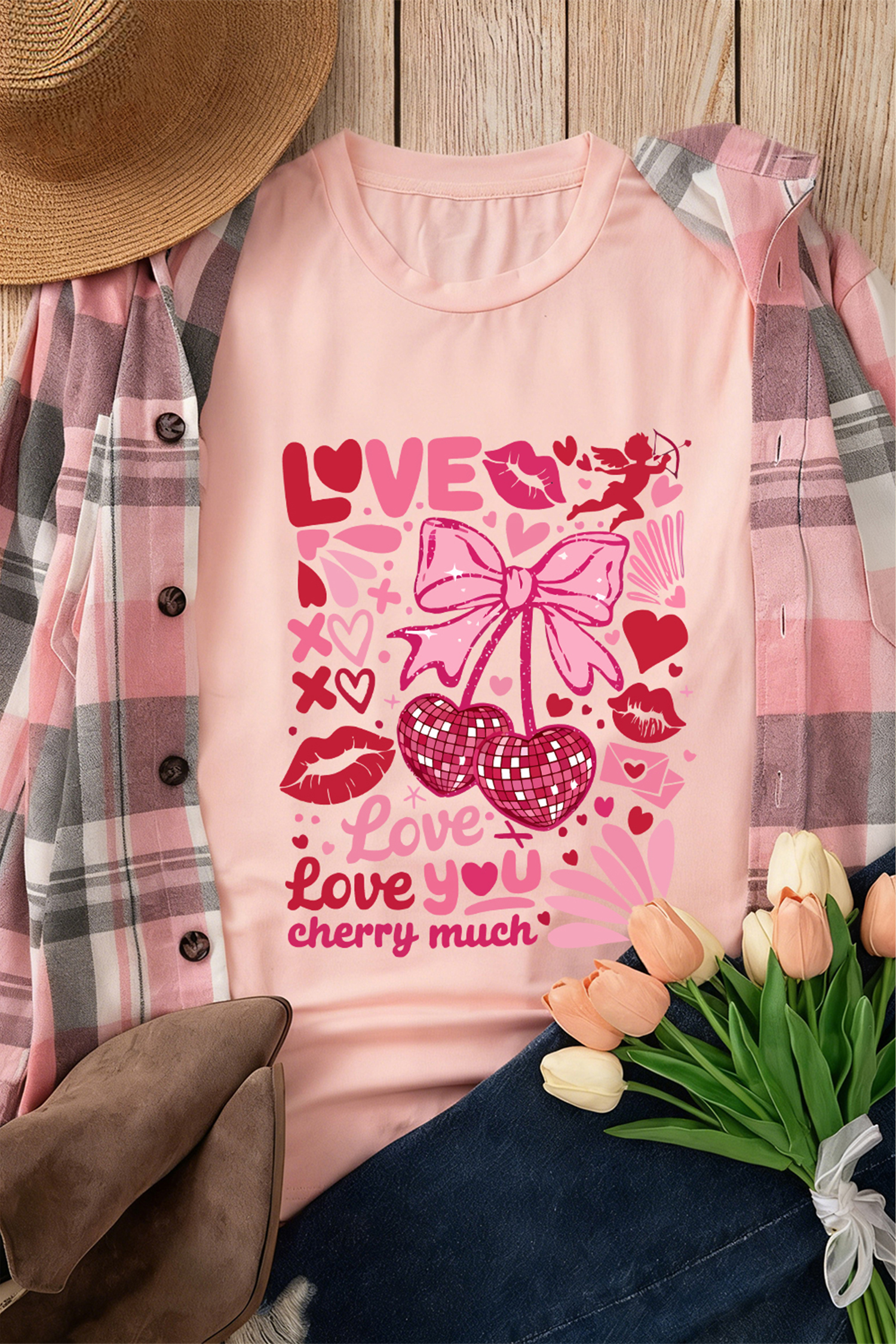 Pink Love You Cherry Much Valentines Day Graphic Tee - loveforevers