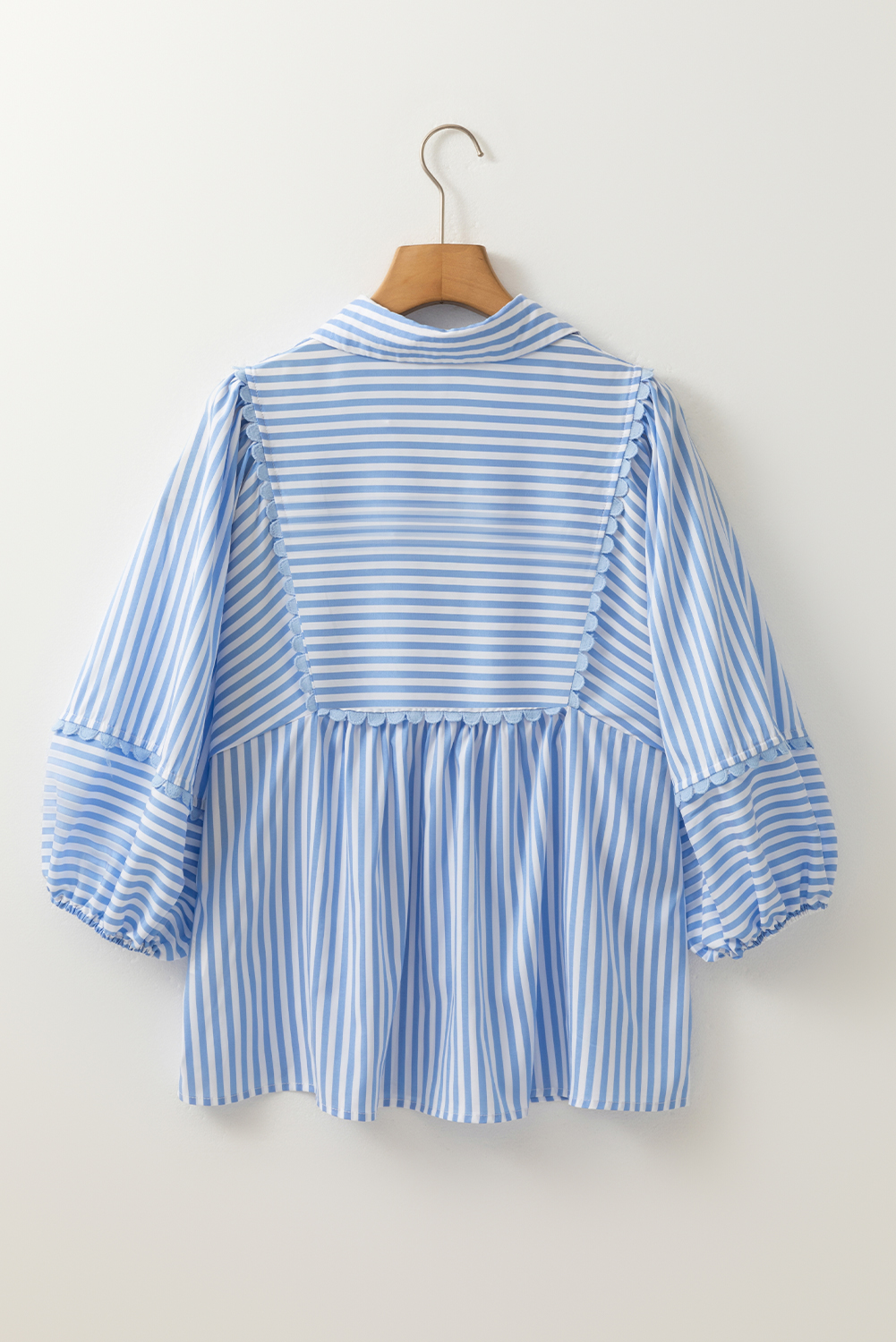 Sky Blue Stripe Shirt Collar V Neck Ricrac Trim 3/4 Puff Sleeve Blouse - loveforevers