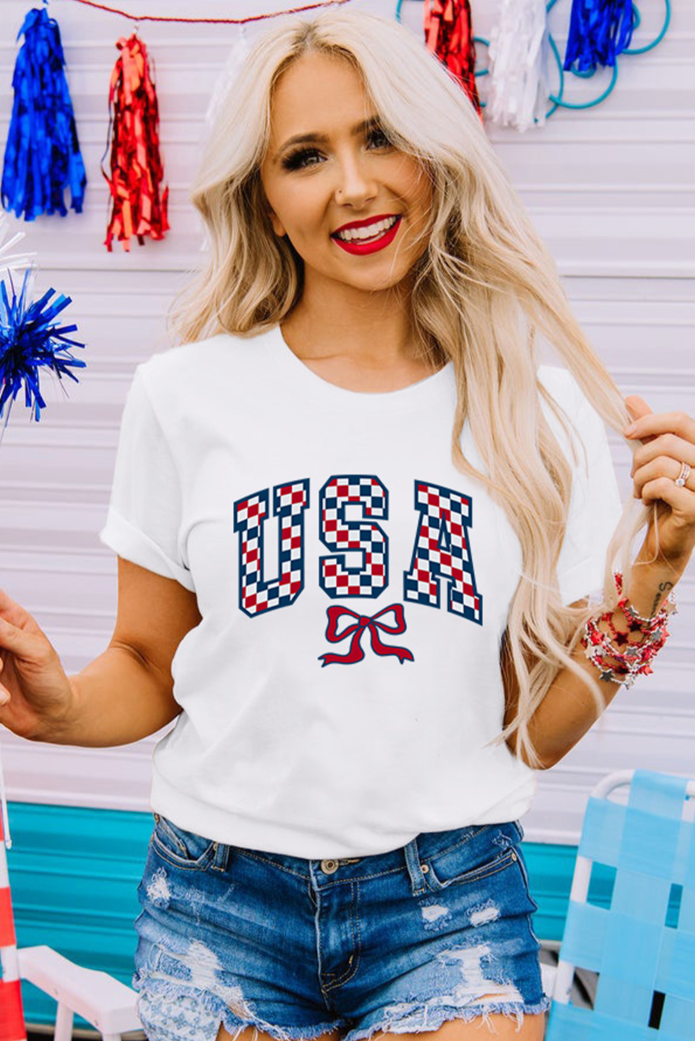 White Checkered USA Graphic Casual Tee - loveforevers