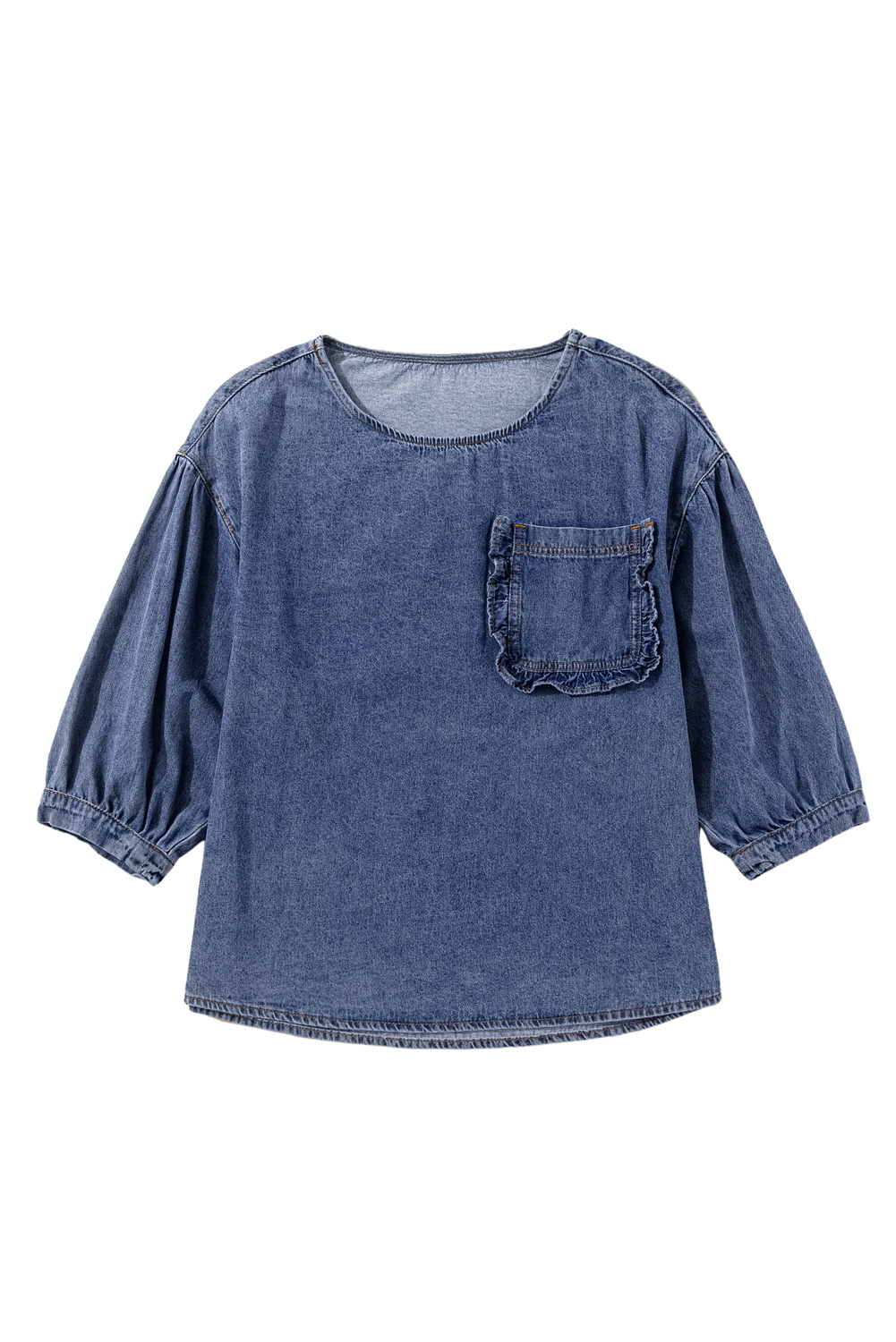 Sky Blue 3/4 Sleeve Ruffled Patched Pocket Denim Blouse - loveforevers