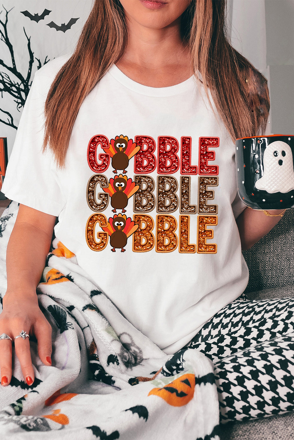 White GOBBLE Thanksgiving Turkey Print T Shirt - loveforevers