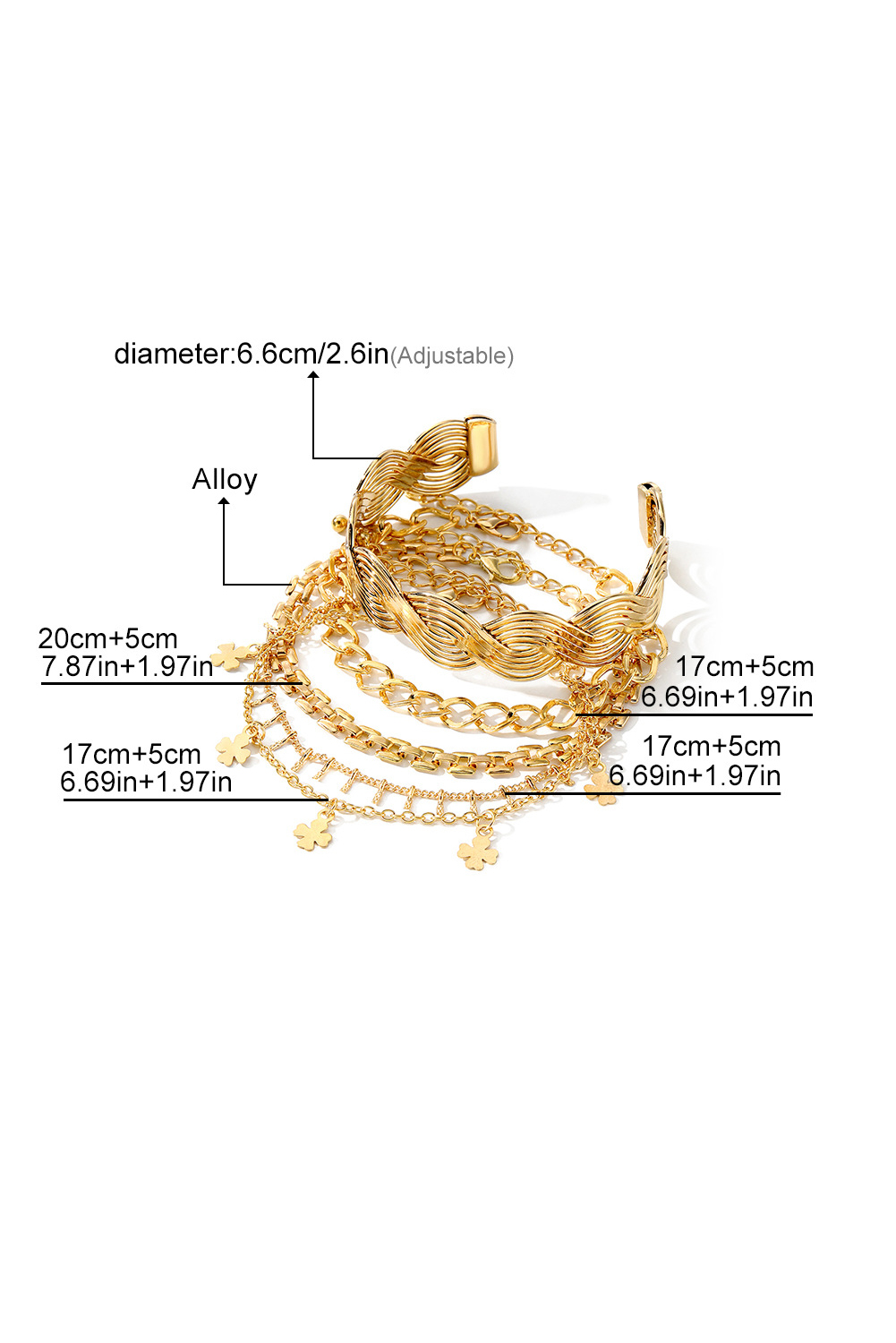 Gold Clover Charm Multi Layered Plated Adjustable Bracelet Set - loveforevers