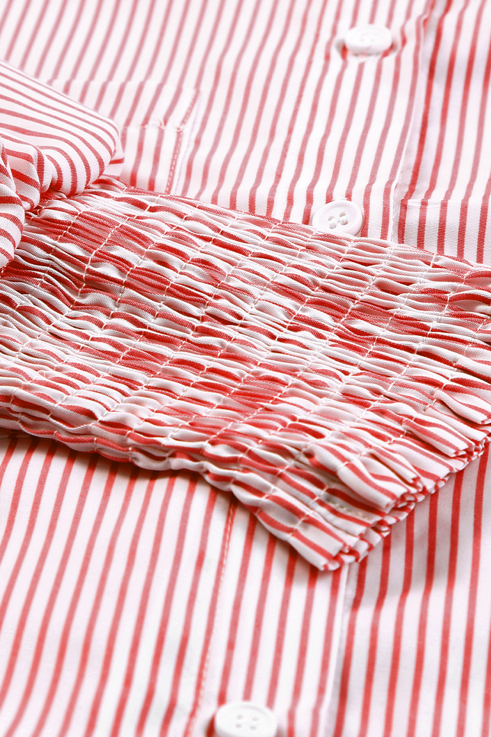 Red Stripe Smocked Cuffed Striped Boyfriend Shirt with Pocket - loveforevers