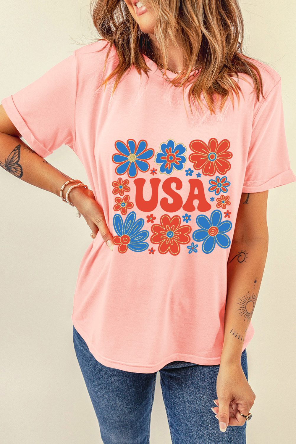 Pink Shimmer Flower USA Letter Printed Casual T Shirt - loveforevers