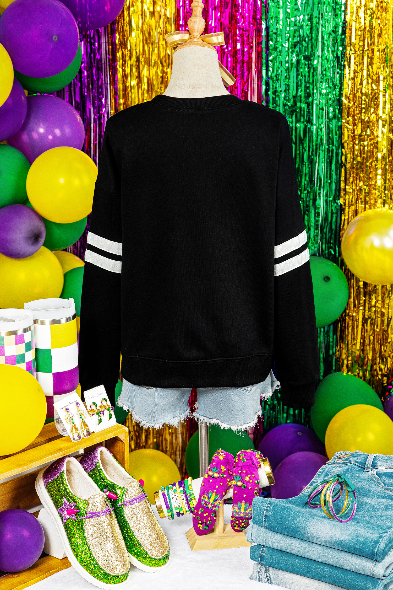 Black Sequin Mardi Crown Dropped Shoulder Varsity Sweatshirt - loveforevers