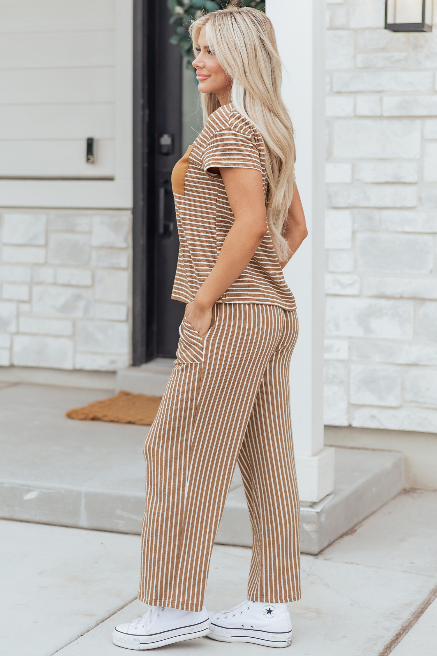 Khaki Stripe Crew Neck Tee Drawstring Waist Cropped Pants Set - loveforevers