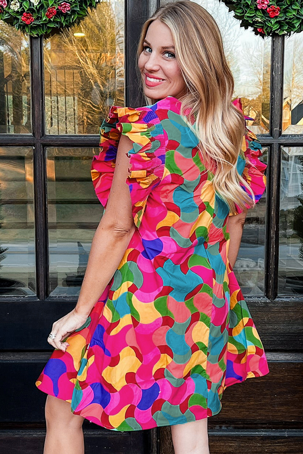 Rose Red Dramatic Ruffle Sleeve Smock Neck Wavy Print Top - loveforevers
