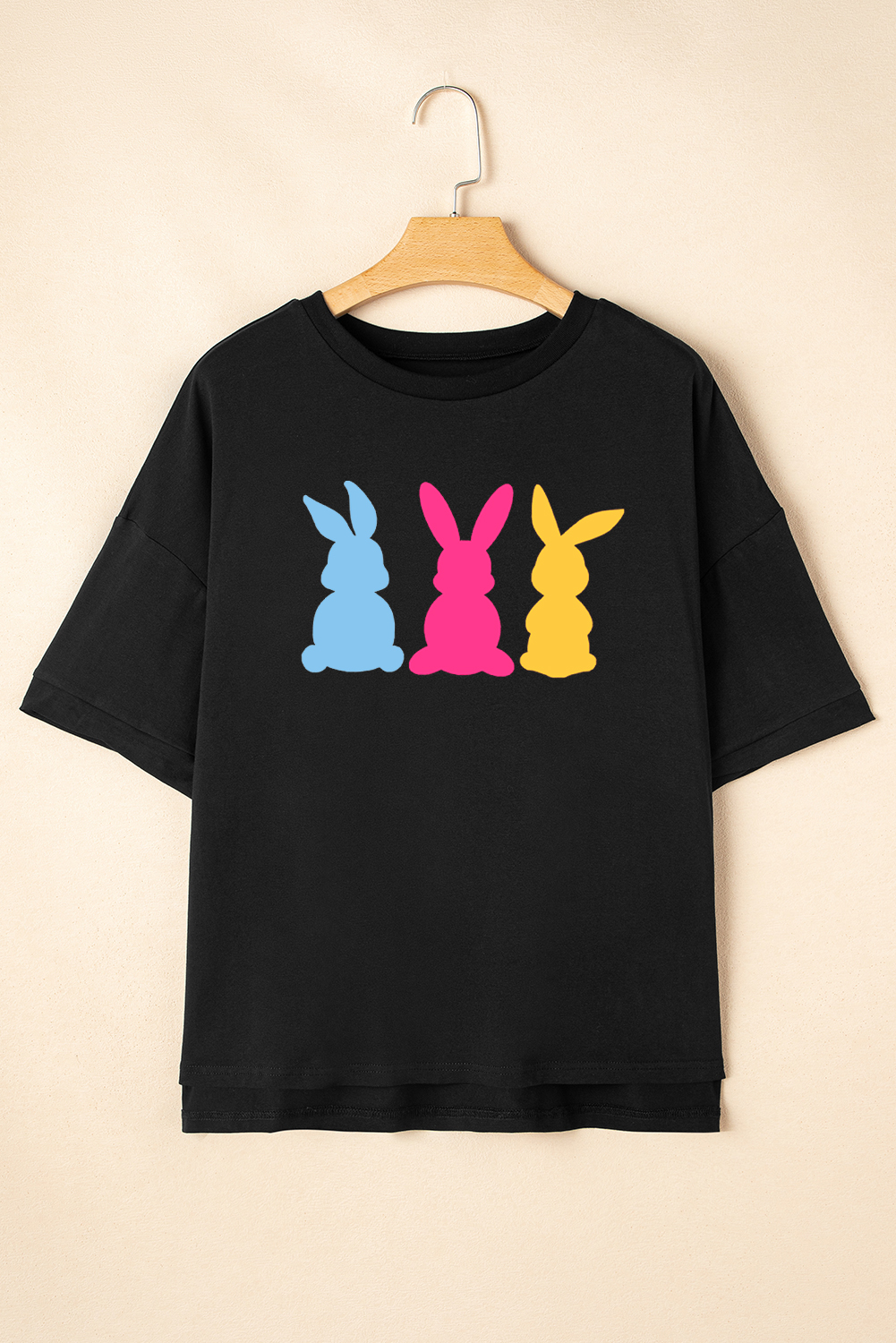Black Bunny Graphic Drop Shoulder Hi Low Casual Tee - loveforevers