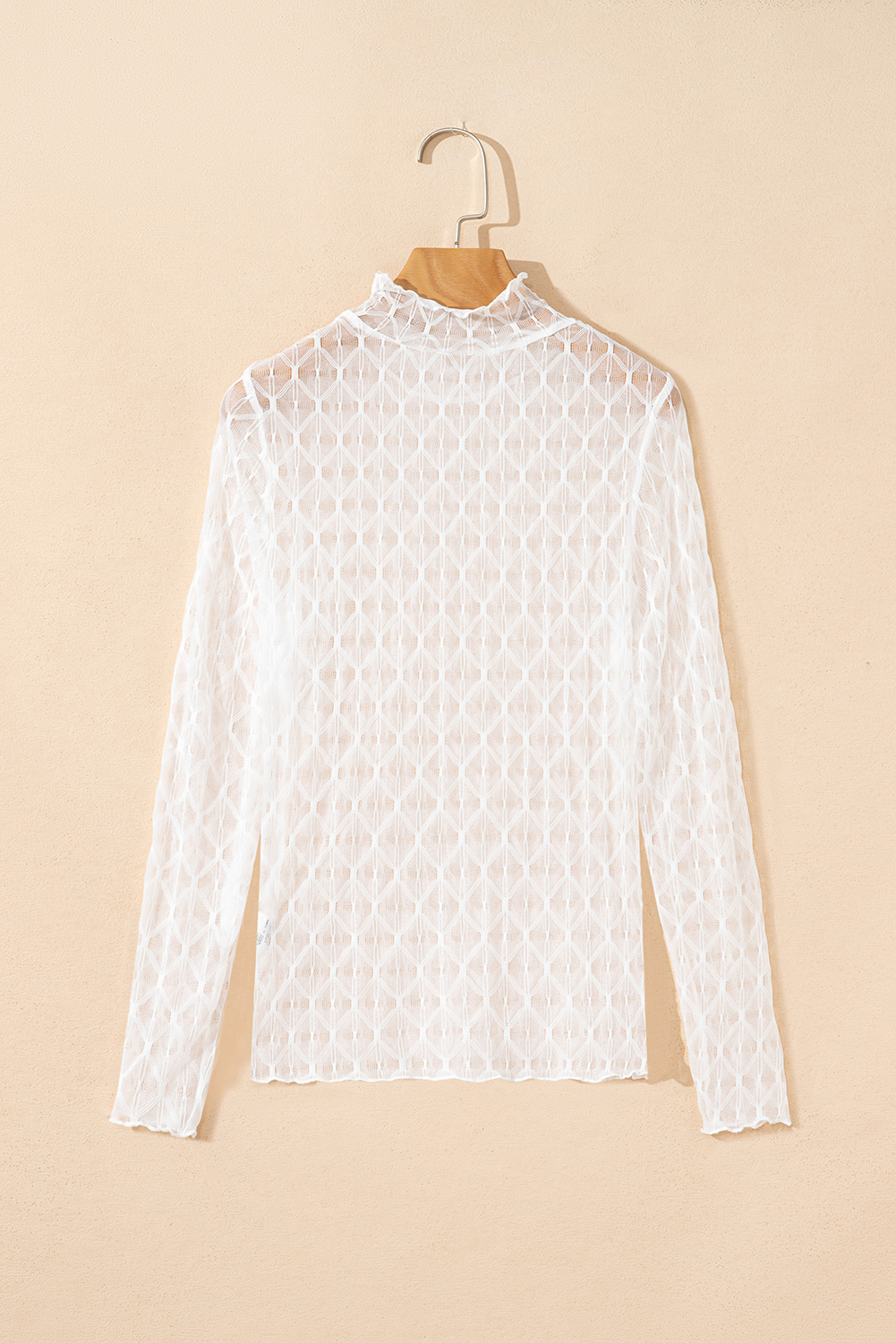 Coffee Sheer Mesh Patterned Lettuce Trim Slim Long Sleeve Top - loveforevers