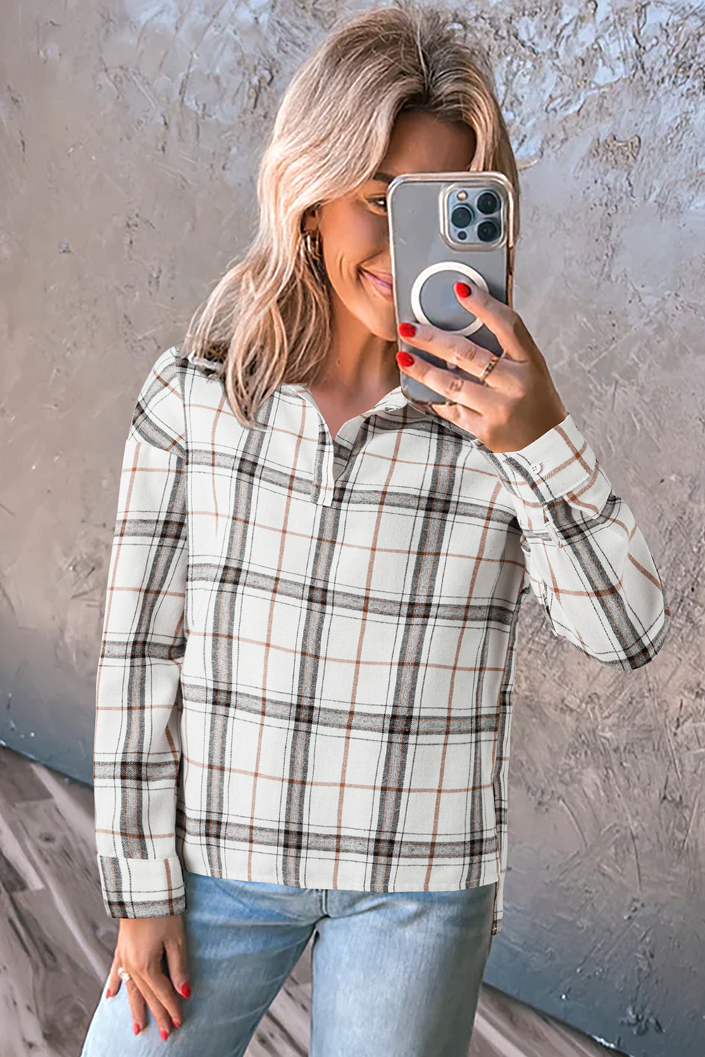 Red Plaid Print Collared V Neck Loose Blouse with Side Slits - loveforevers
