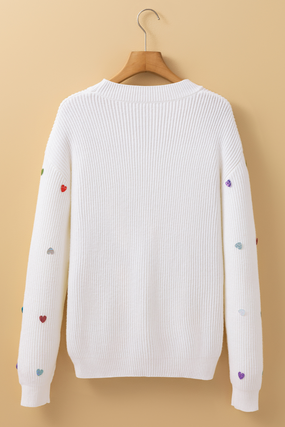 Beige Sequin Heart Shape Waffle Knit Round Neck Sweater - loveforevers