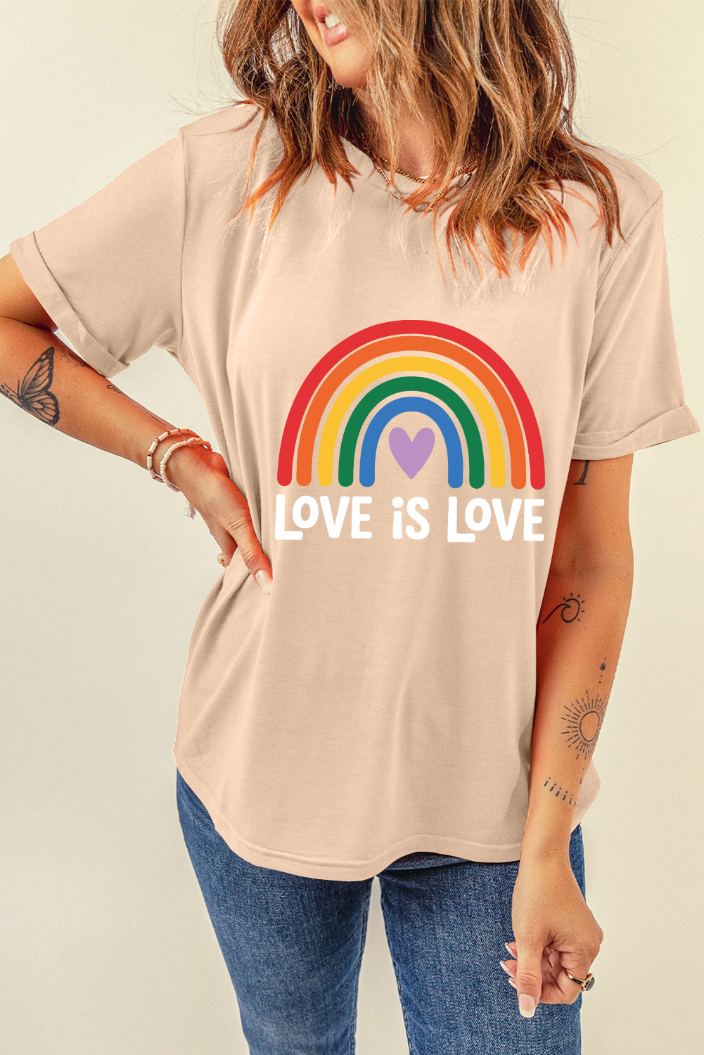 Khaki Love is Love Rainbow Heart Printed Cotton Blend T Shirt - loveforevers