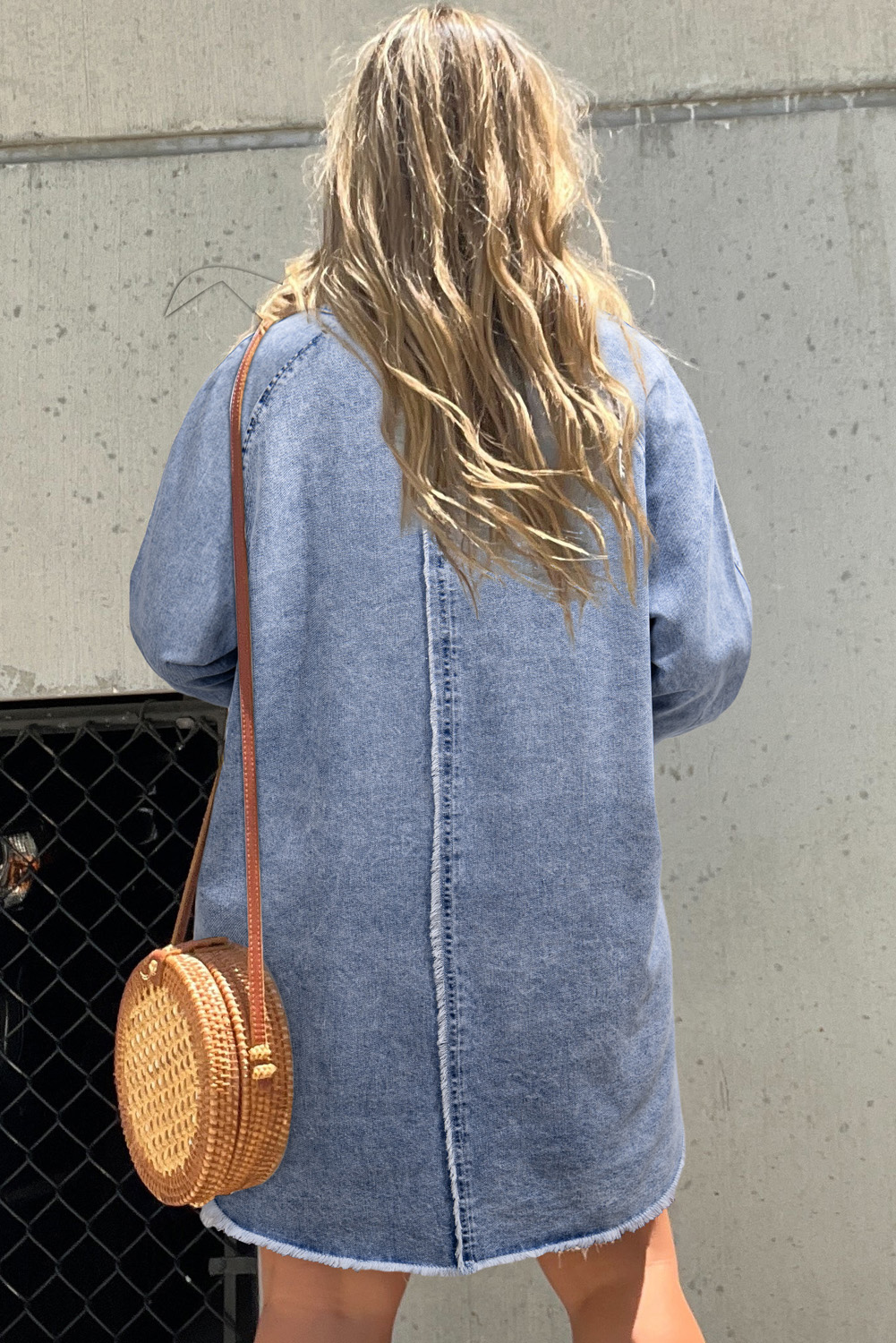 Beau Blue Mineral Wash Long Sleeve Button Up Raw Hem Pocketed Denim Dress - loveforevers