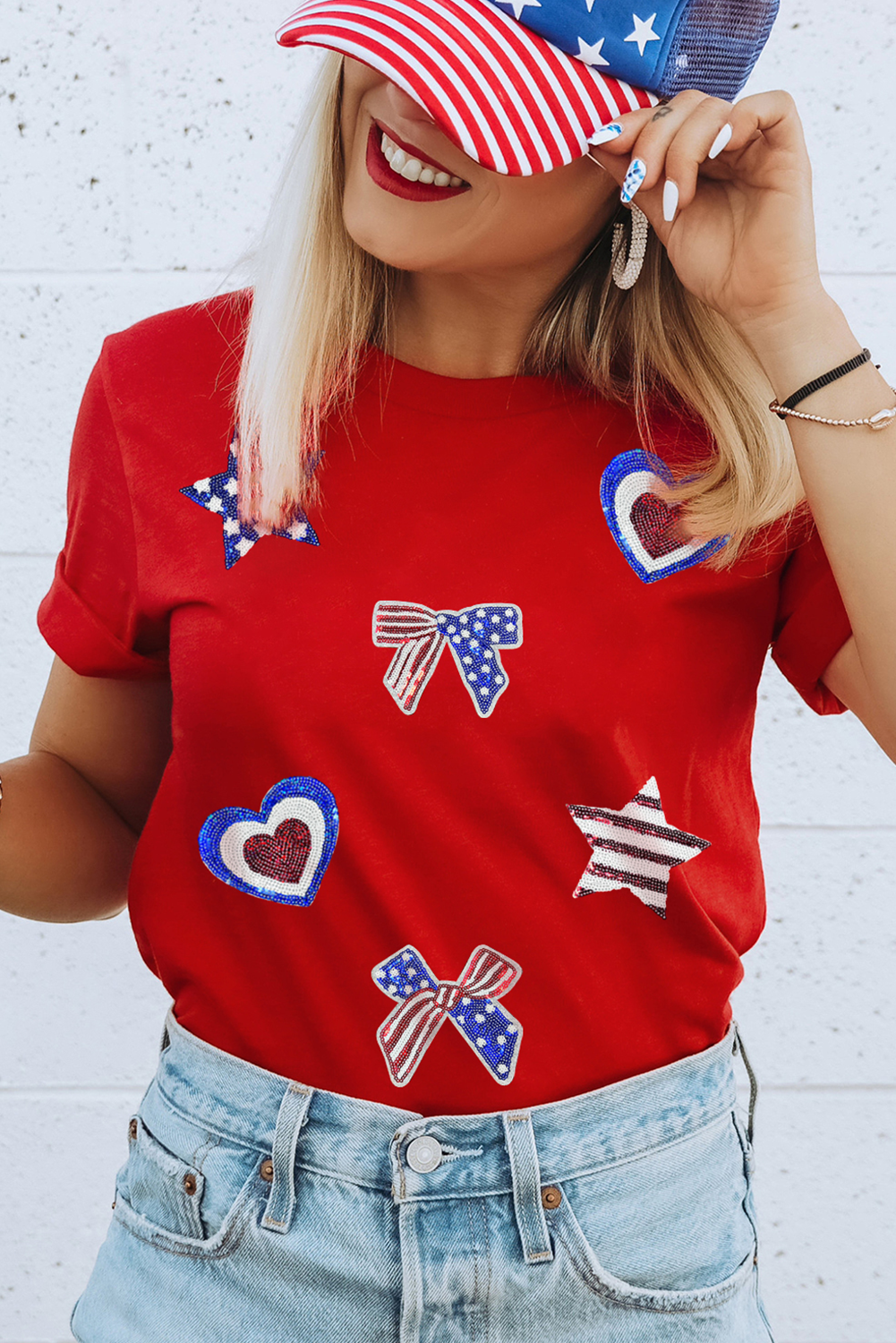 Red American Flag Inspired Sequined Pattern Crewneck Tee - loveforevers