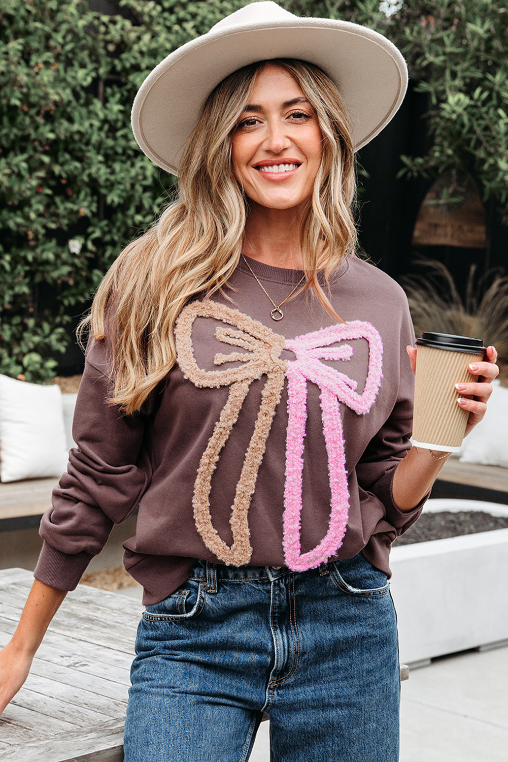 Dark Khaki Contrast Terry Bow Pattern Drop Shoulder Sweatshirt - loveforevers