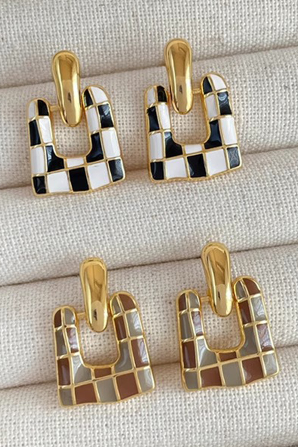Black Checkered Pattern Square Shape Stud Dangle Earrings - loveforevers