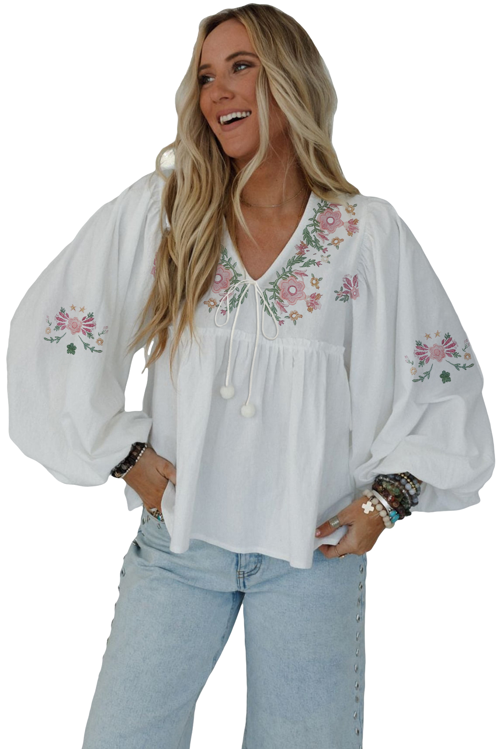 White Flower Print Lace-up V Neck Babydoll Blouse - loveforevers
