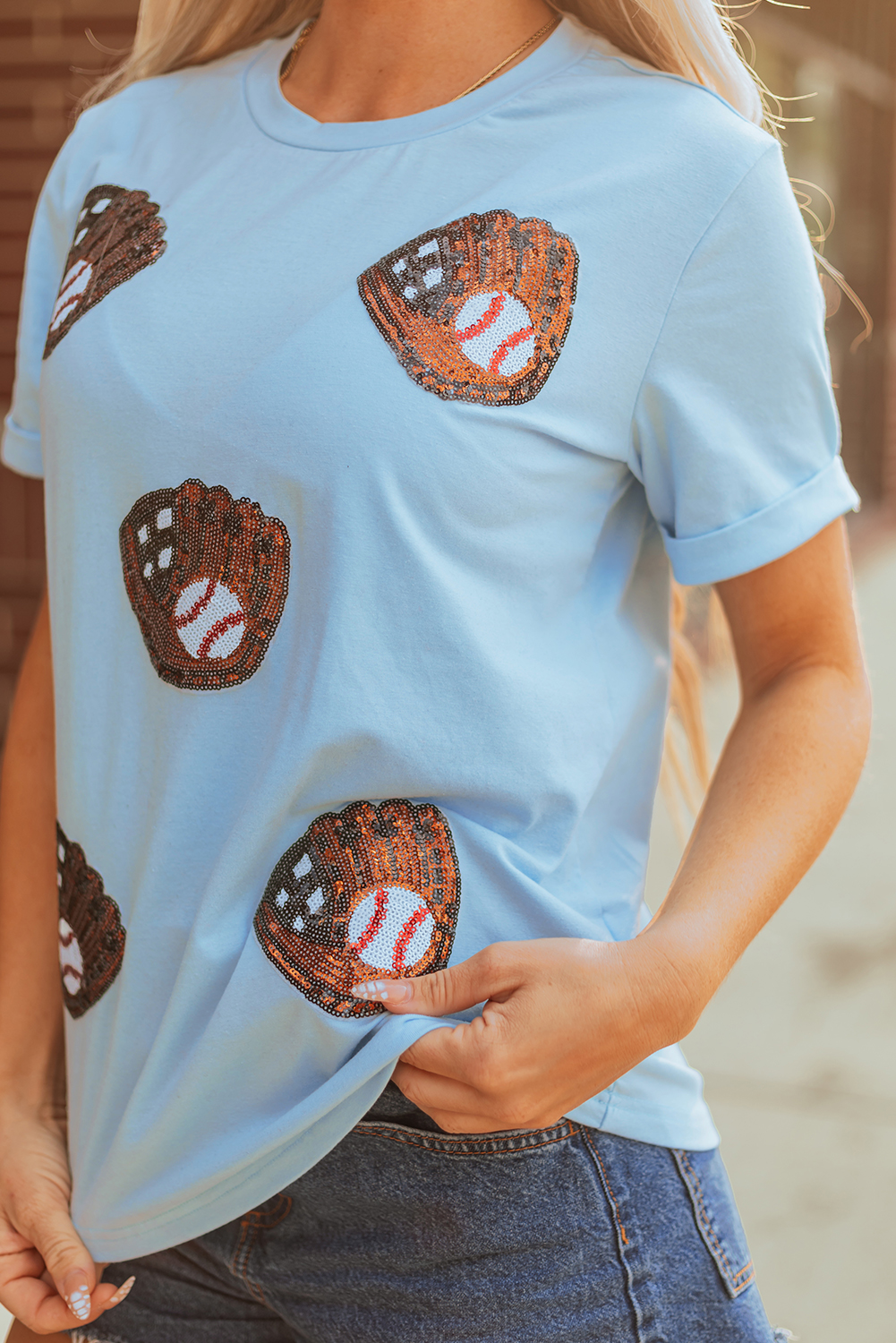 Light Blue Gopher Ball Sequin Patched Casual T Shirt - loveforevers