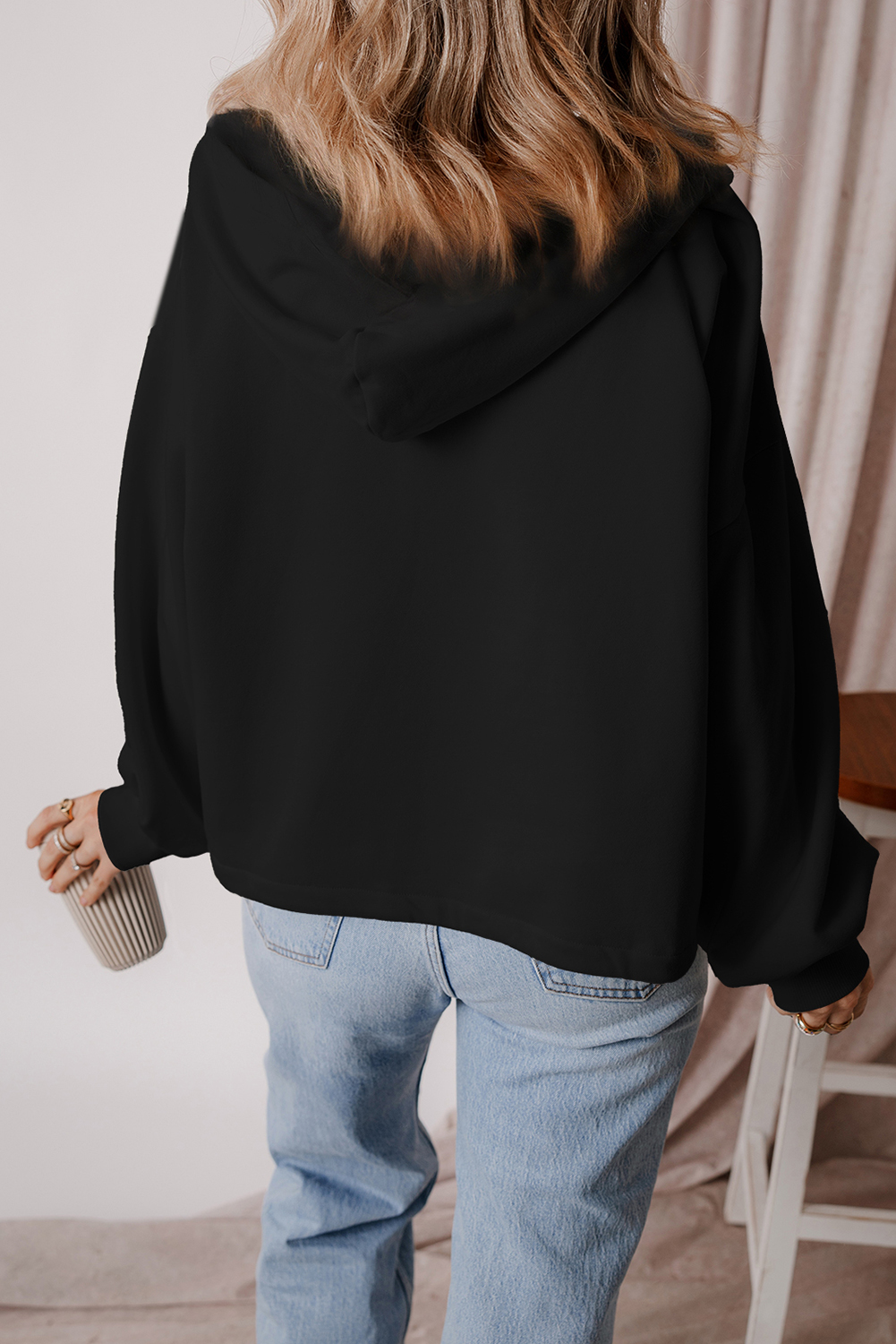 Bonbon Fleece Lined Half Zipper Kangaroo Pockets Loose Hoodie - loveforevers