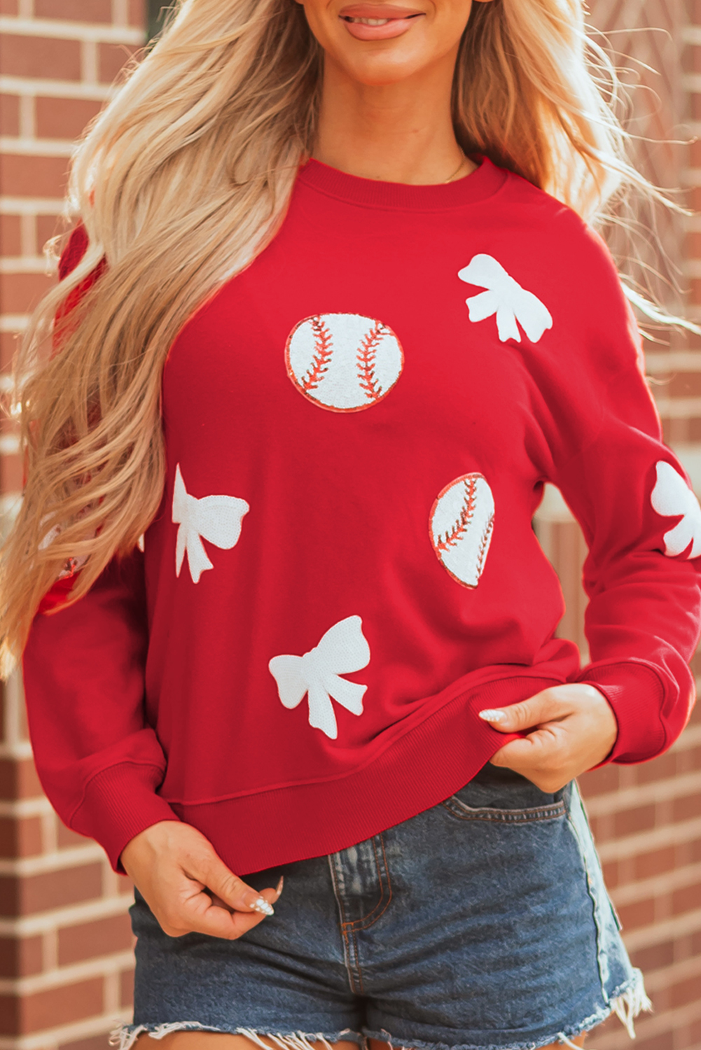 Red Sequin Baseball Bow Patched Pattern Game Day Pullover Sweatshirt - loveforevers