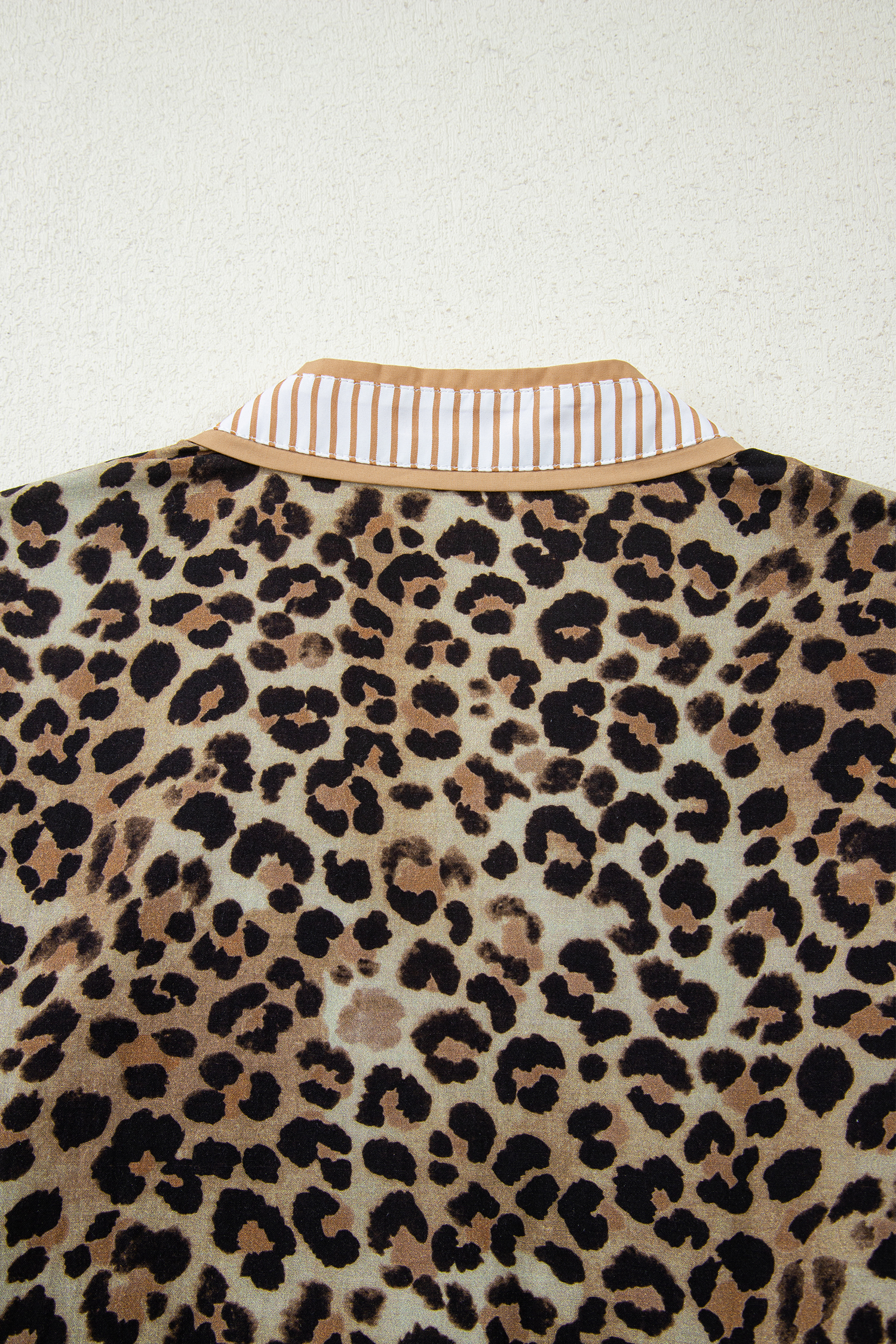 Khaki Contrast Striped Trim V Neck Leopard Shirt - loveforevers
